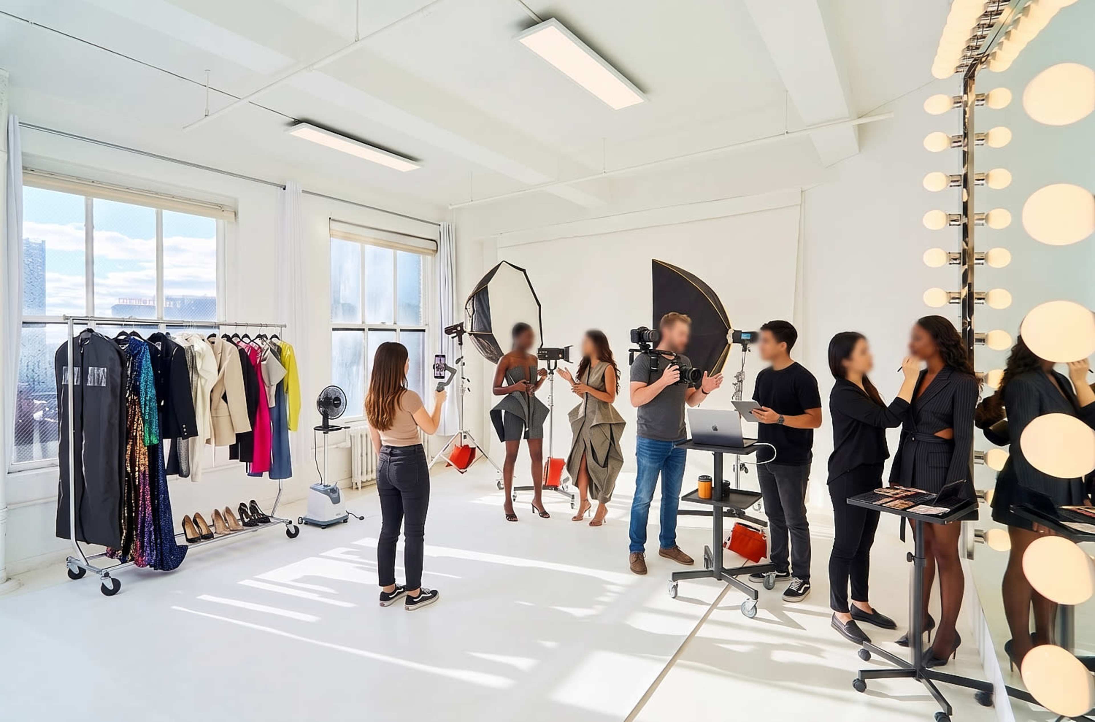 A fashion photoshoot is taking place in a bright, spacious studio with clothing racks and lighting equipment.