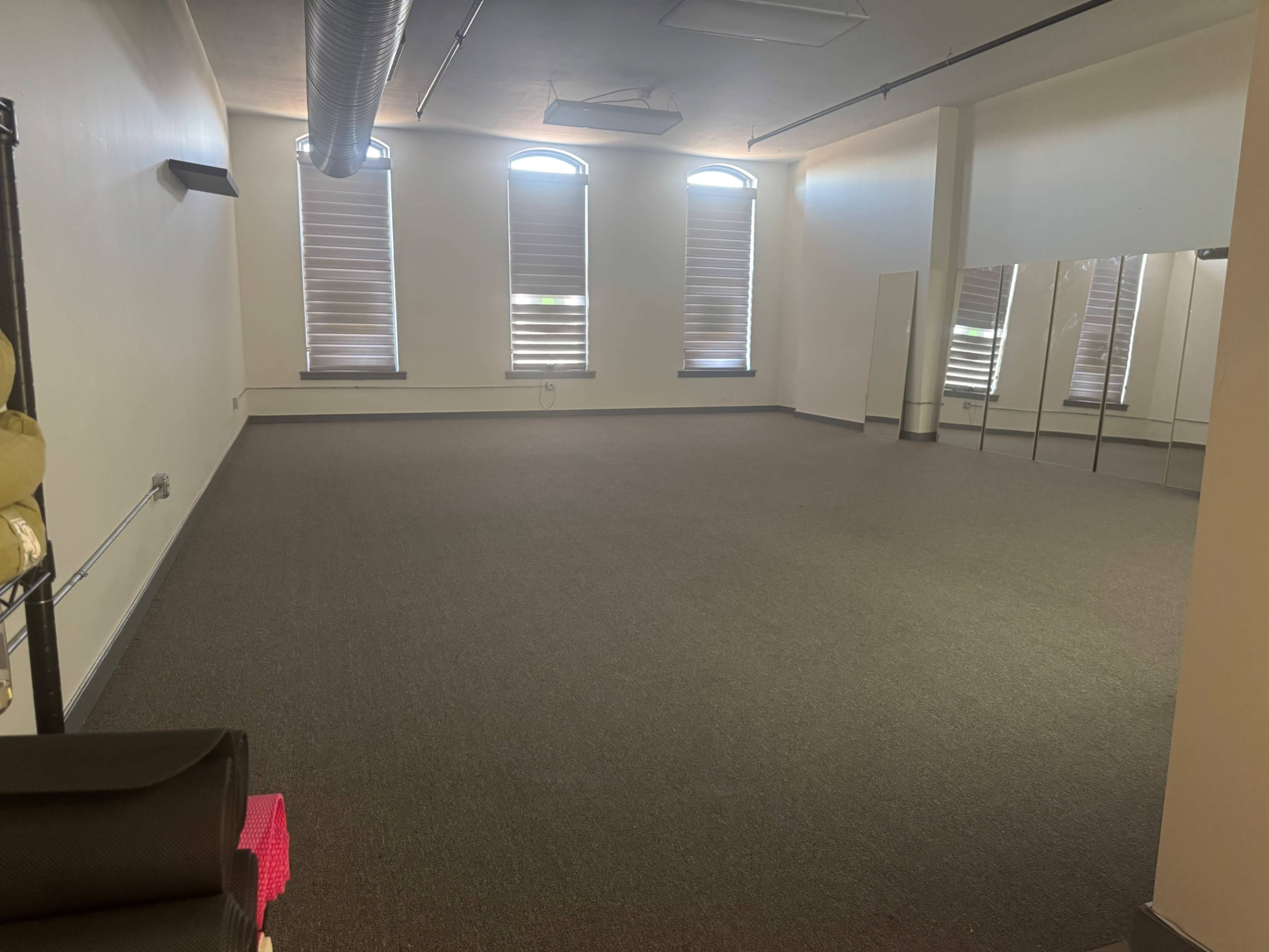 The image shows a spacious room with gray carpeting, large windows with blinds, and mirrored walls.
