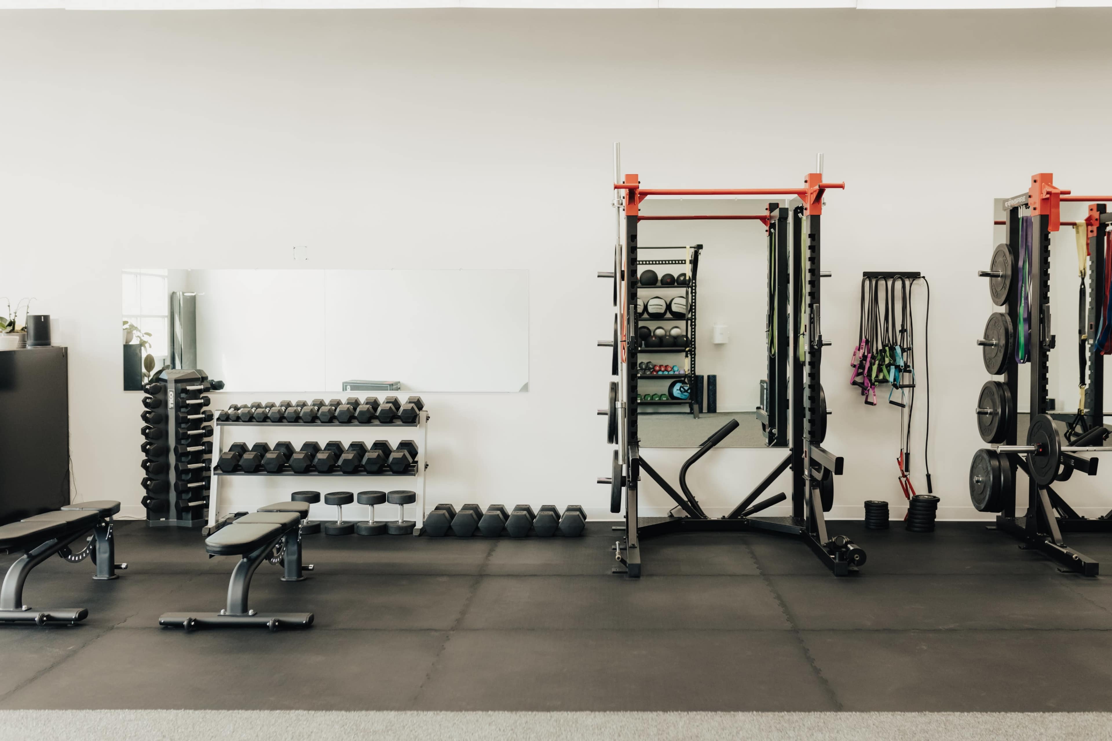 A well-organized gym interior featuring weight benches, a squat rack, dumbbells on racks, and exercise equipment against a mirror backdrop.