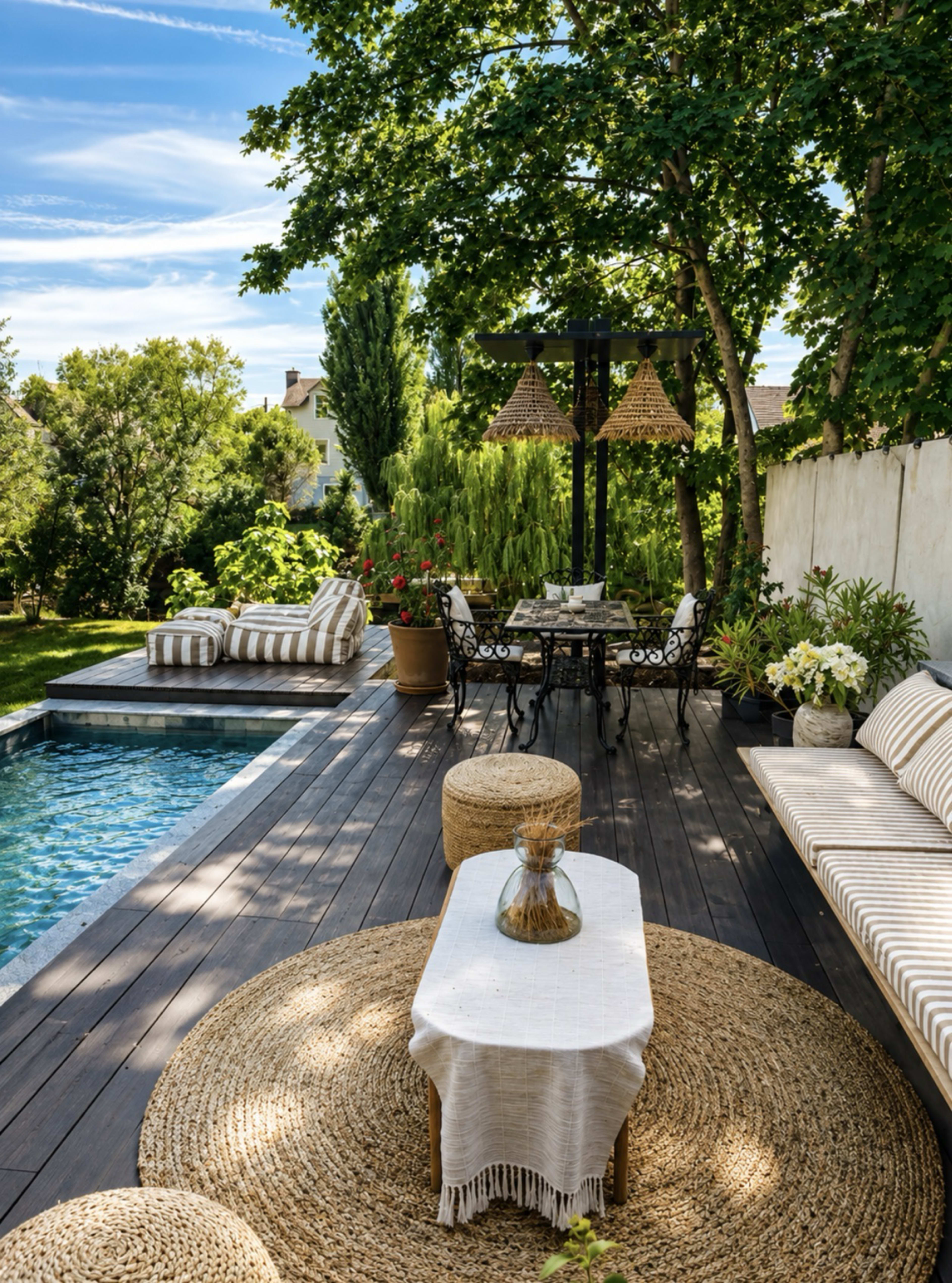 The image shows a wooden deck with a swimming pool, outdoor seating, and a dining area surrounded by greenery.