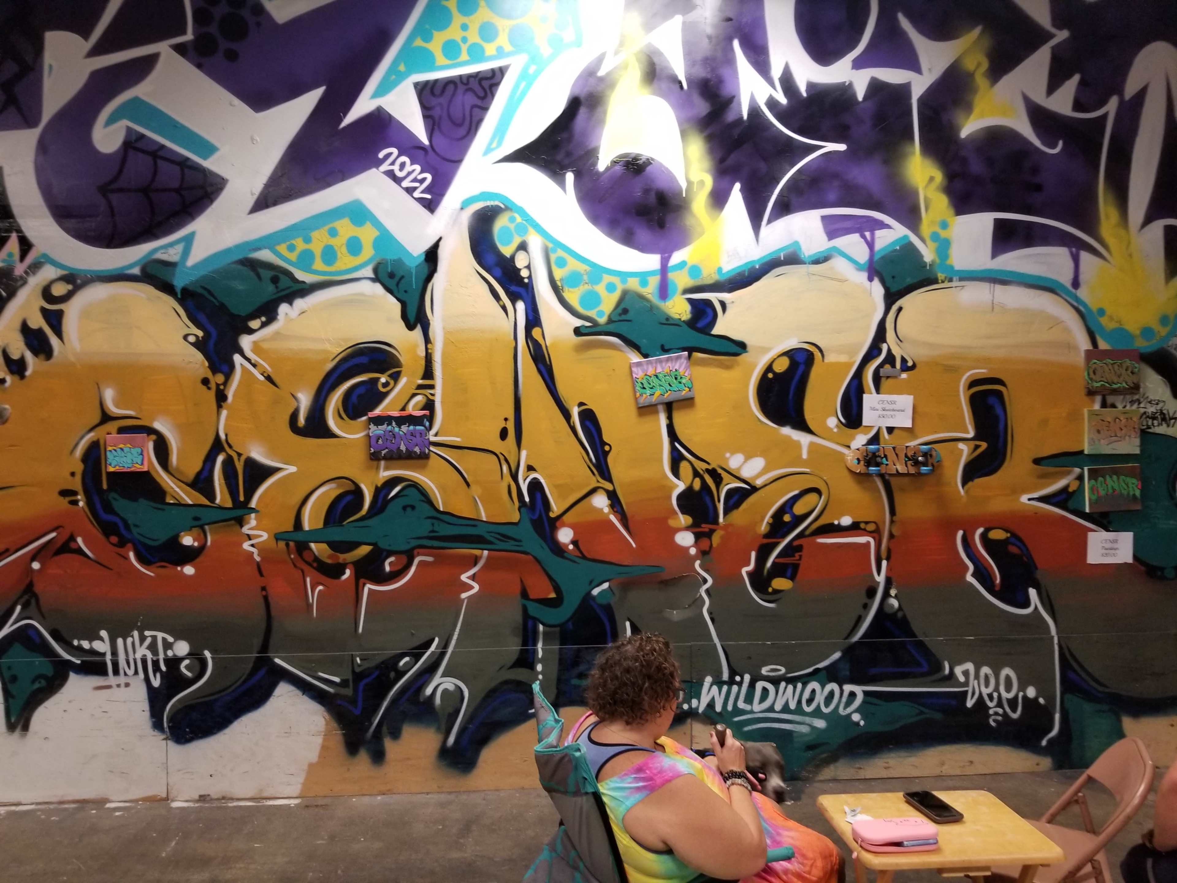 A person sits in front of a colorful graffiti mural that features various artistic writings and designs.