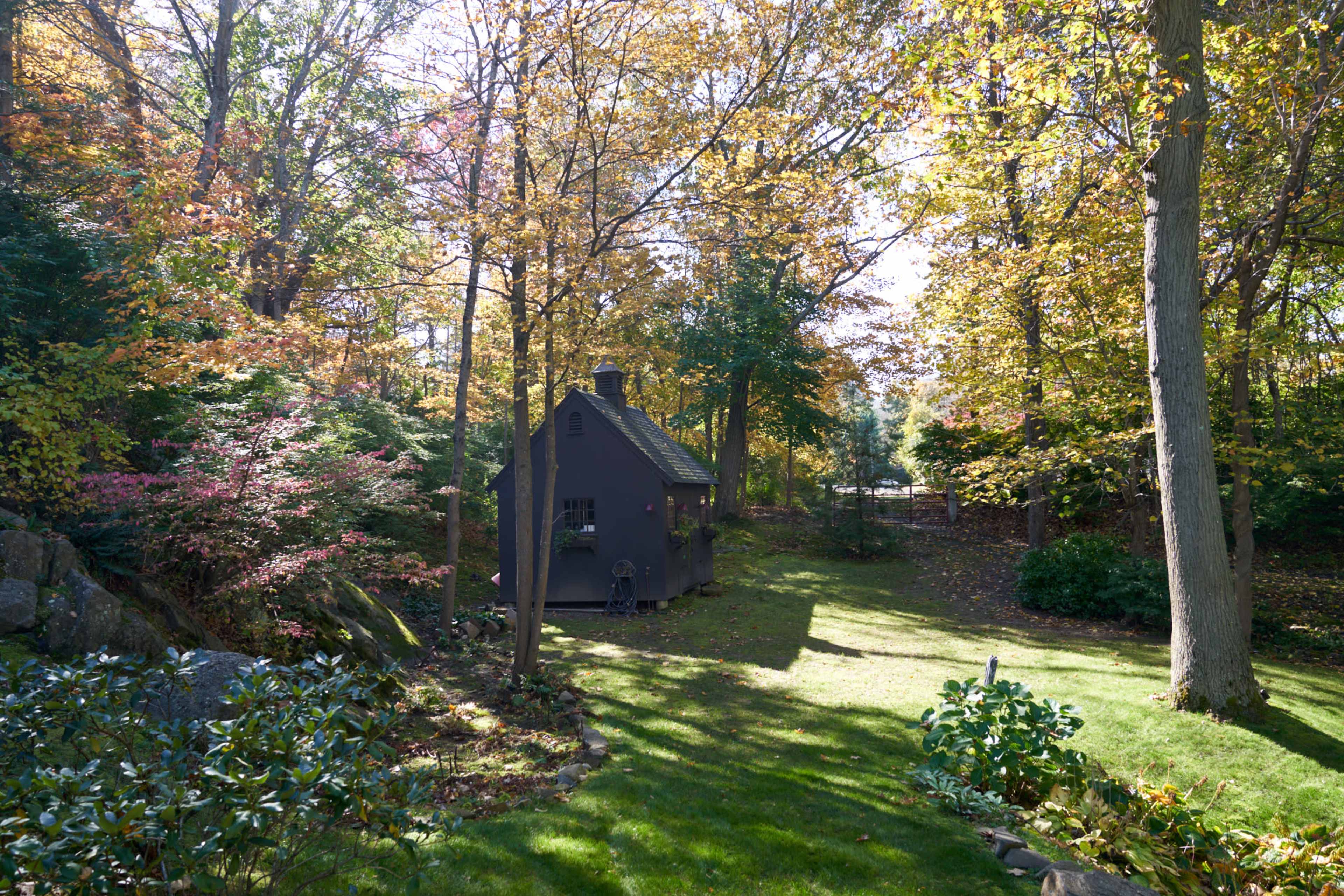 A small, dark-colored house is surrounded by trees with autumn foliage in a grassy yard.