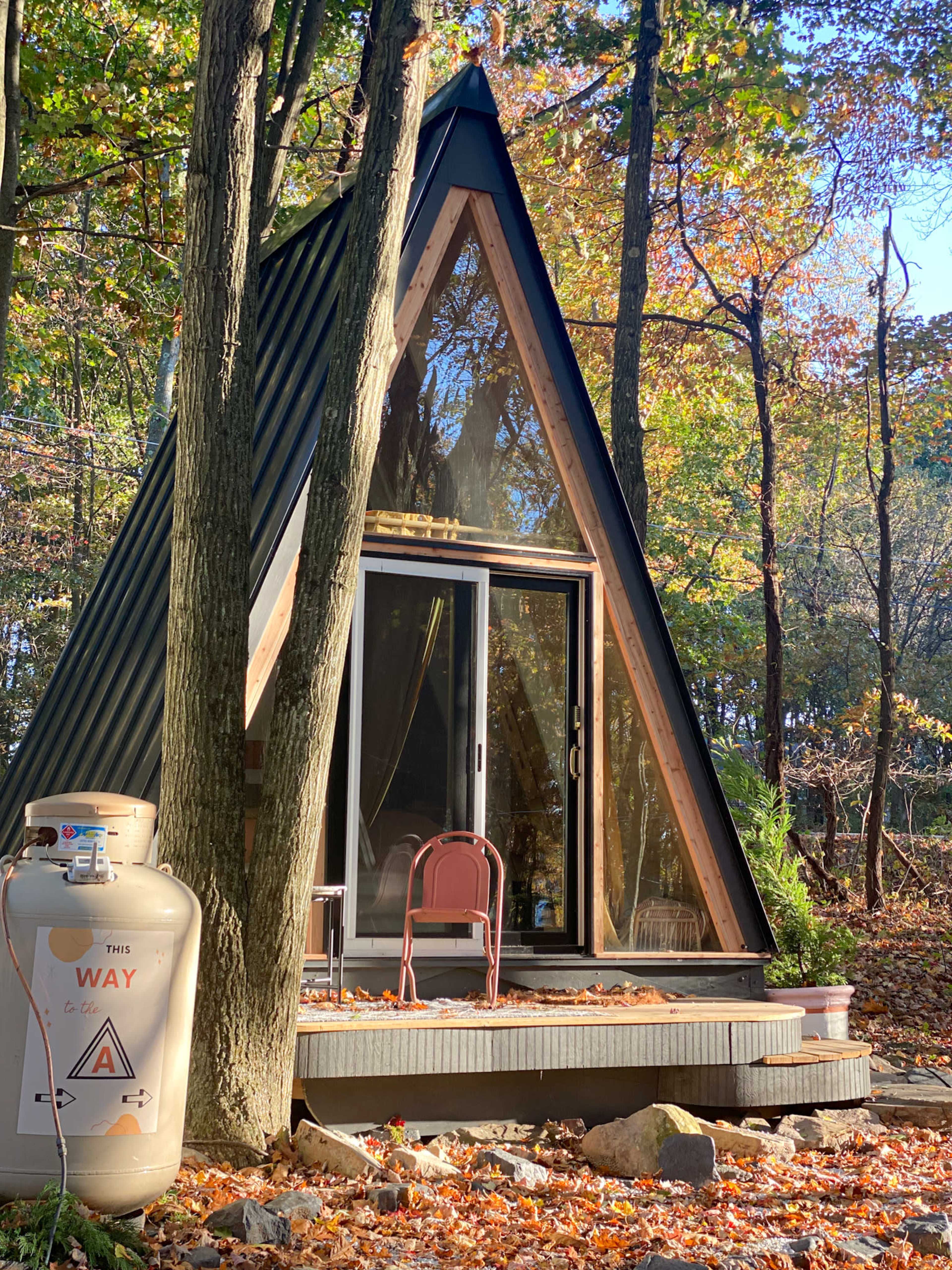 A modern A-frame cabin with large glass windows sits among trees in a forest during autumn, surrounded by fallen leaves.