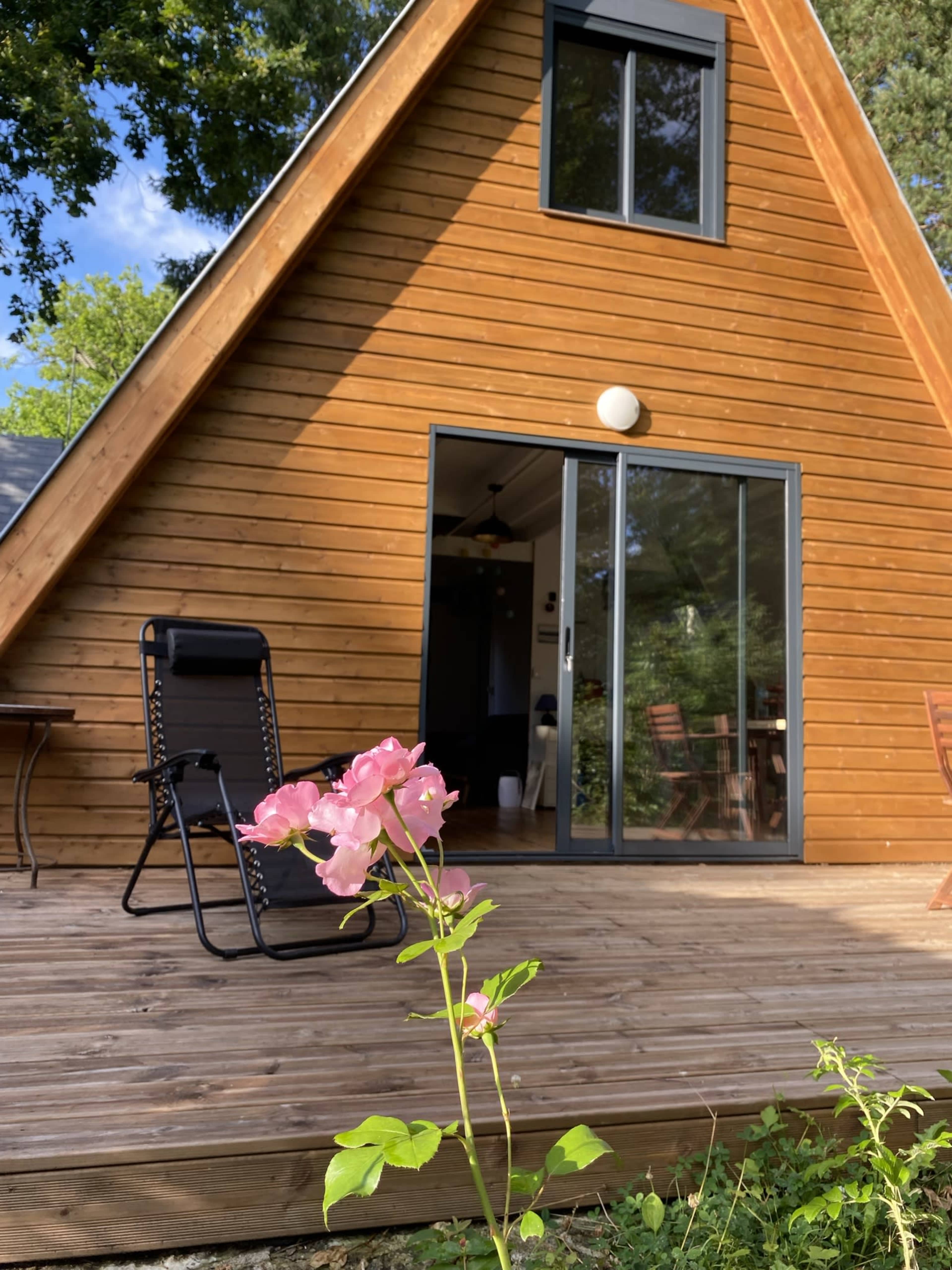 A modern A-frame house with wooden siding and large glass doors is seen alongside a flower on a wooden deck.