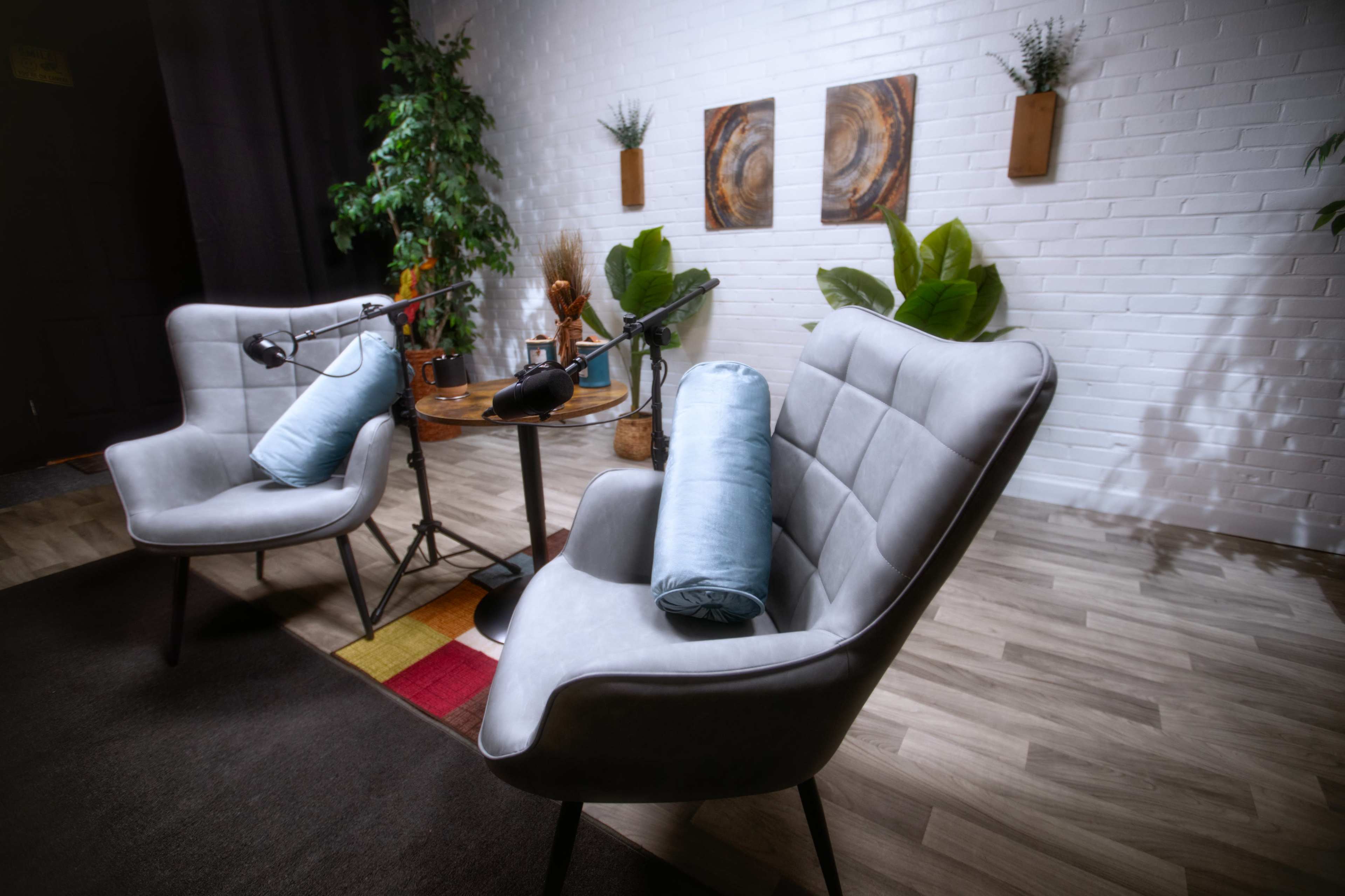 The image shows a minimalistic room setup with two gray chairs and a small round table, surrounded by green plants and decorative wall art.
