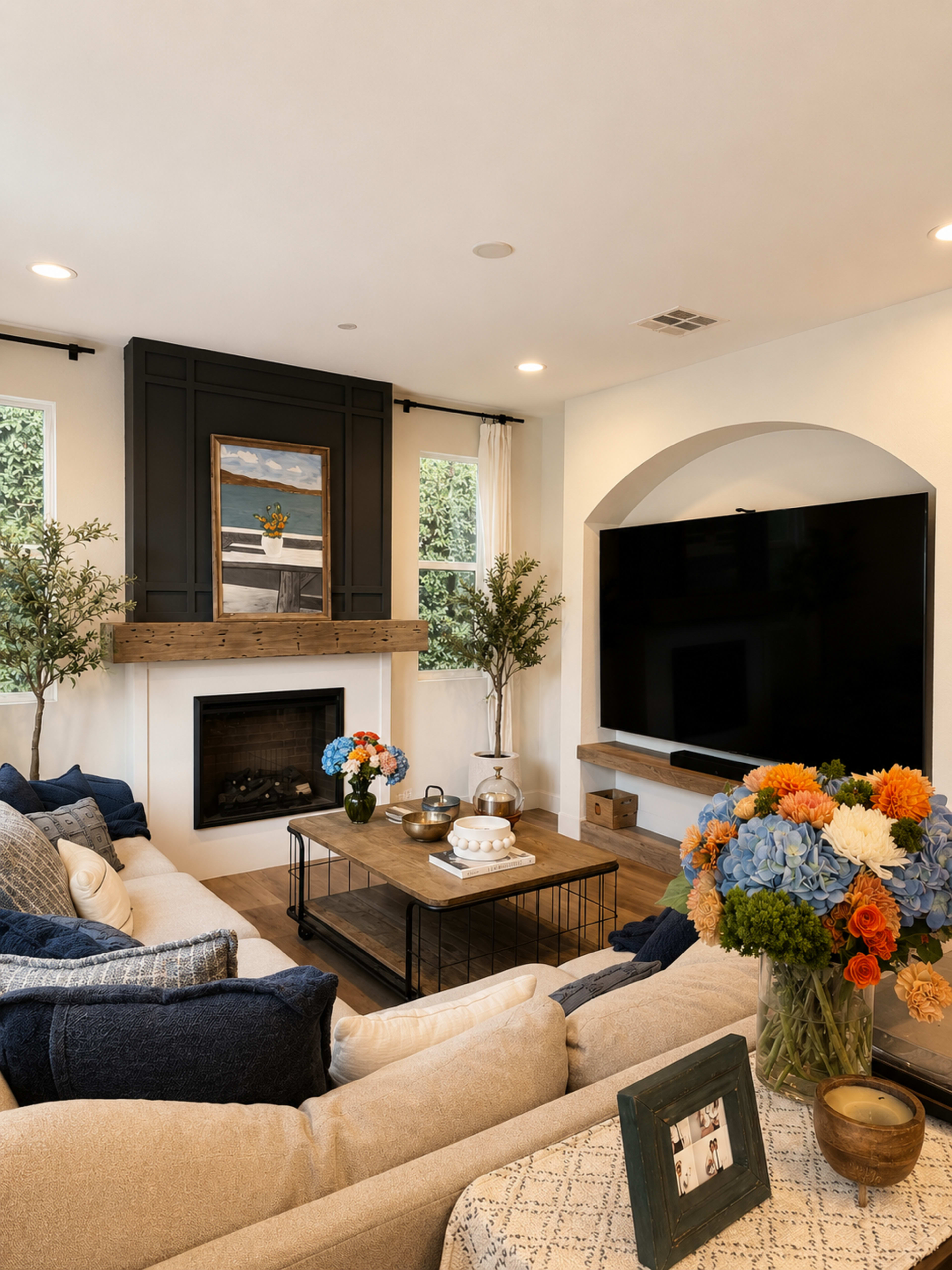 The living room features a fireplace with a mirror above it, a large television mounted on the wall, a coffee table in the center, and floral arrangements on the table and around the space.
