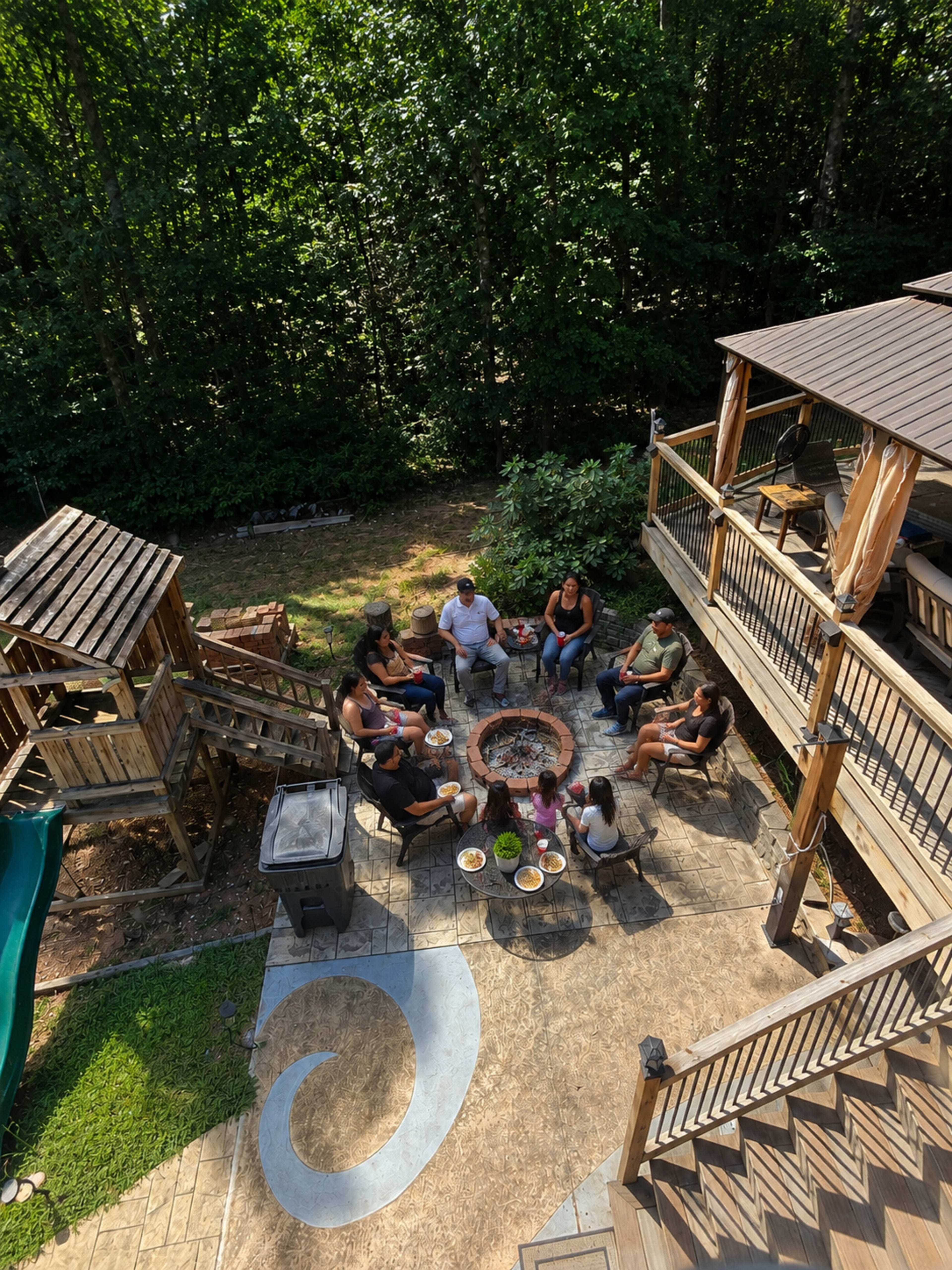 A group of people gathers around a fire pit in a backyard, seated on chairs and benches, while others stand nearby.