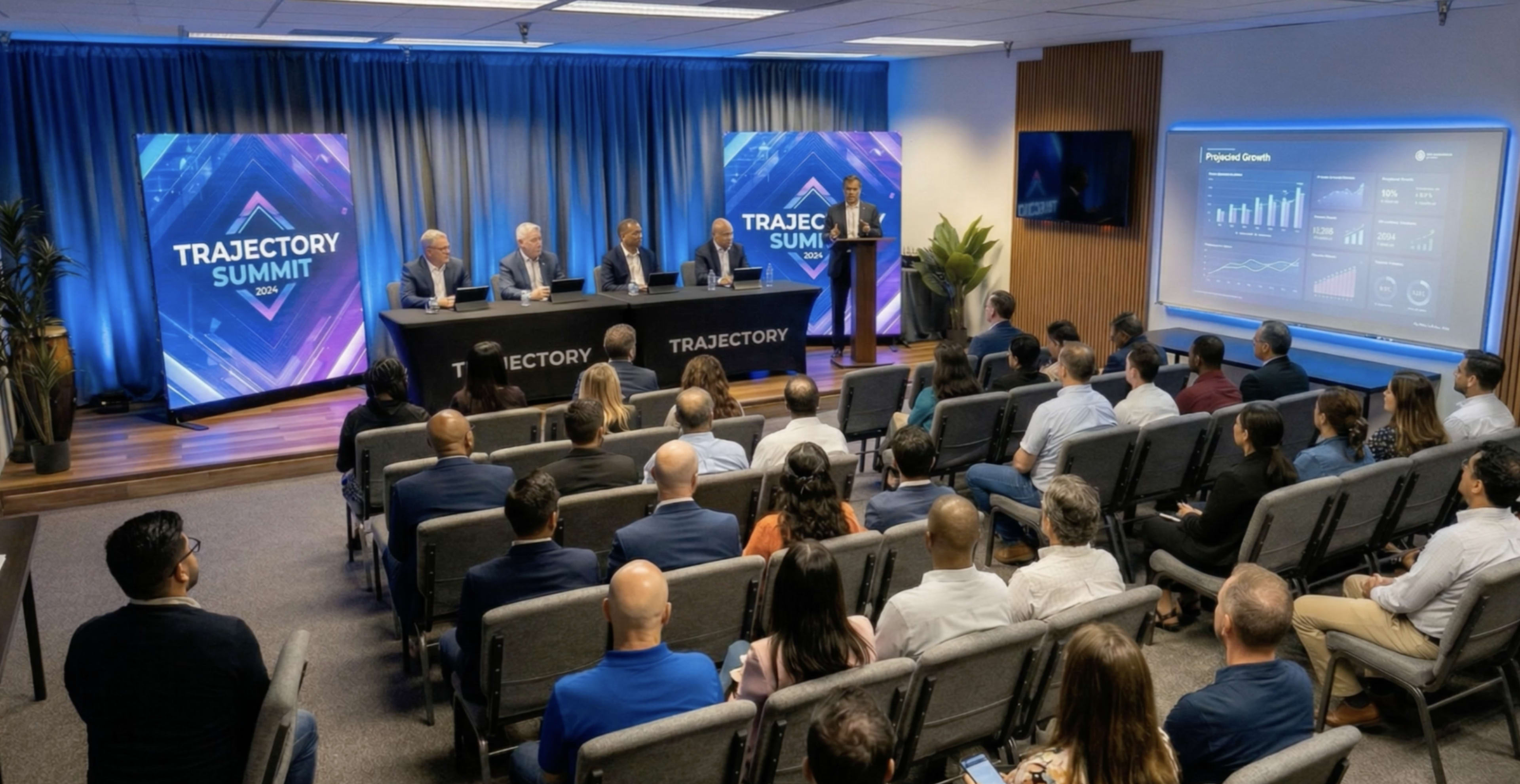 A group of speakers presents on a stage at the Trajectory Summit, while an audience listens attentively in a conference room.