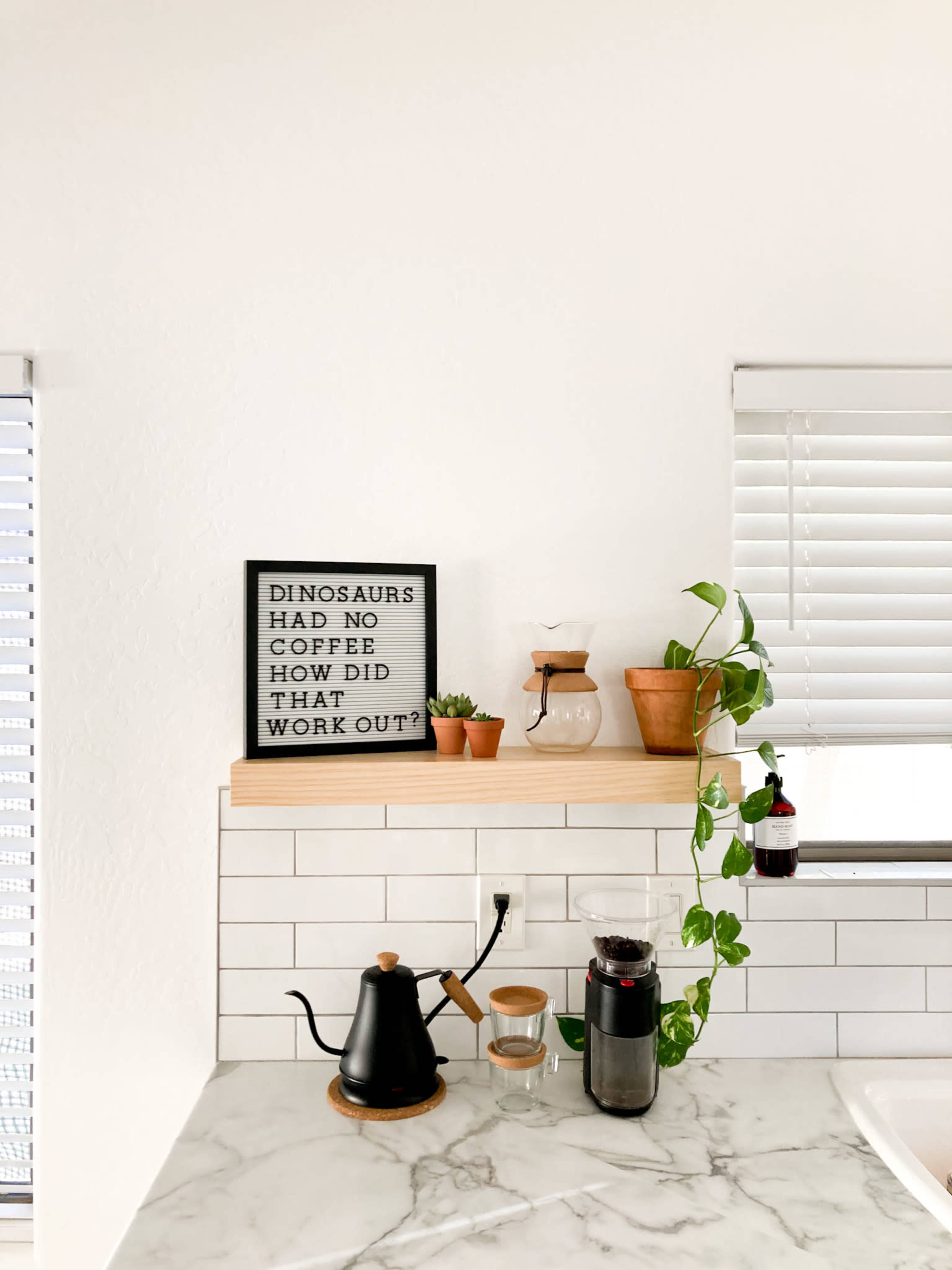 A kitchen countertop features a coffee maker, a kettle, potted plants, and a framed quote about dinosaurs and coffee against a white wall.
