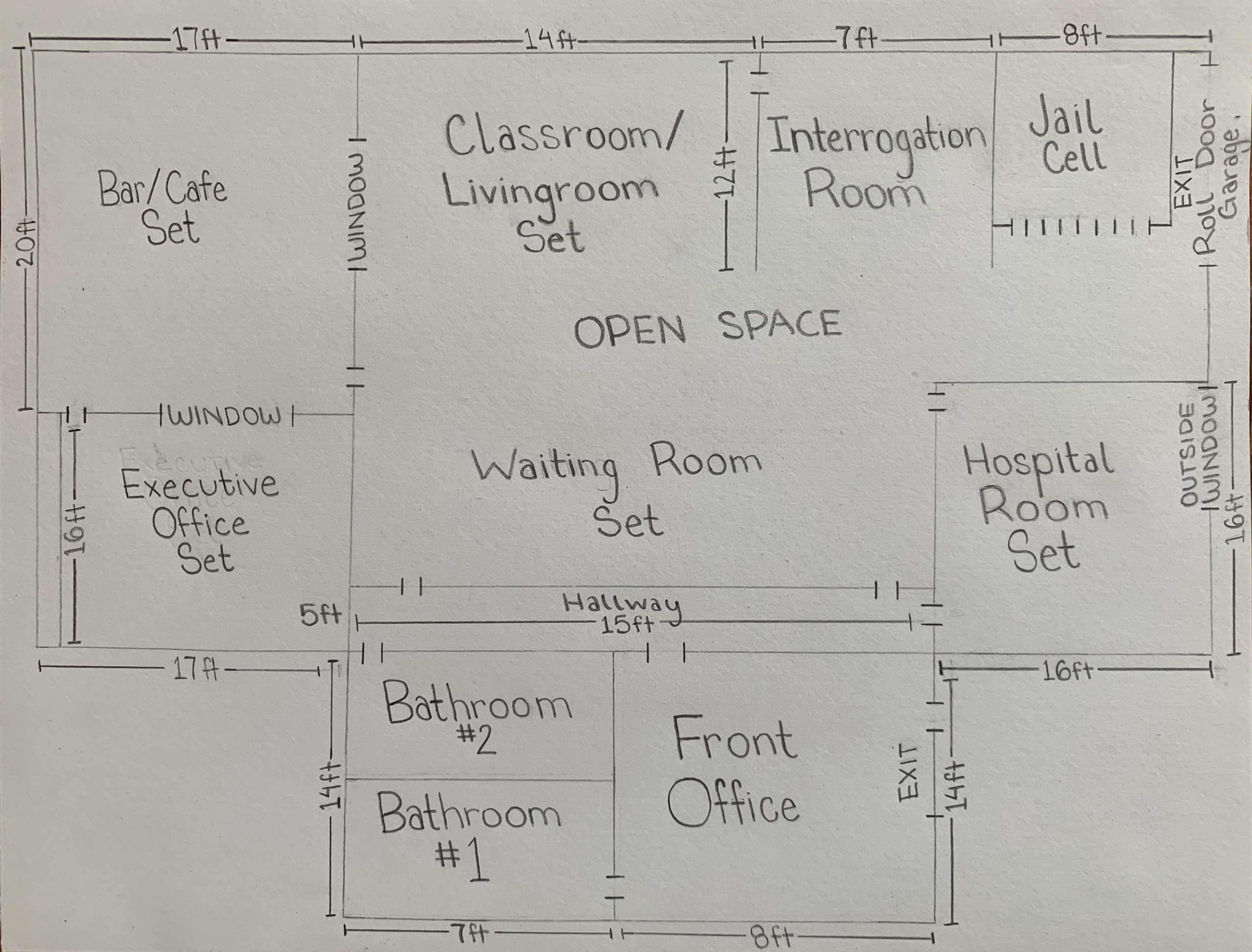 A floor plan layout for a facility, featuring designated areas such as a classroom/living room, interrogation room, jail cell, waiting room, hospital room, executive office set, and multiple bathrooms.