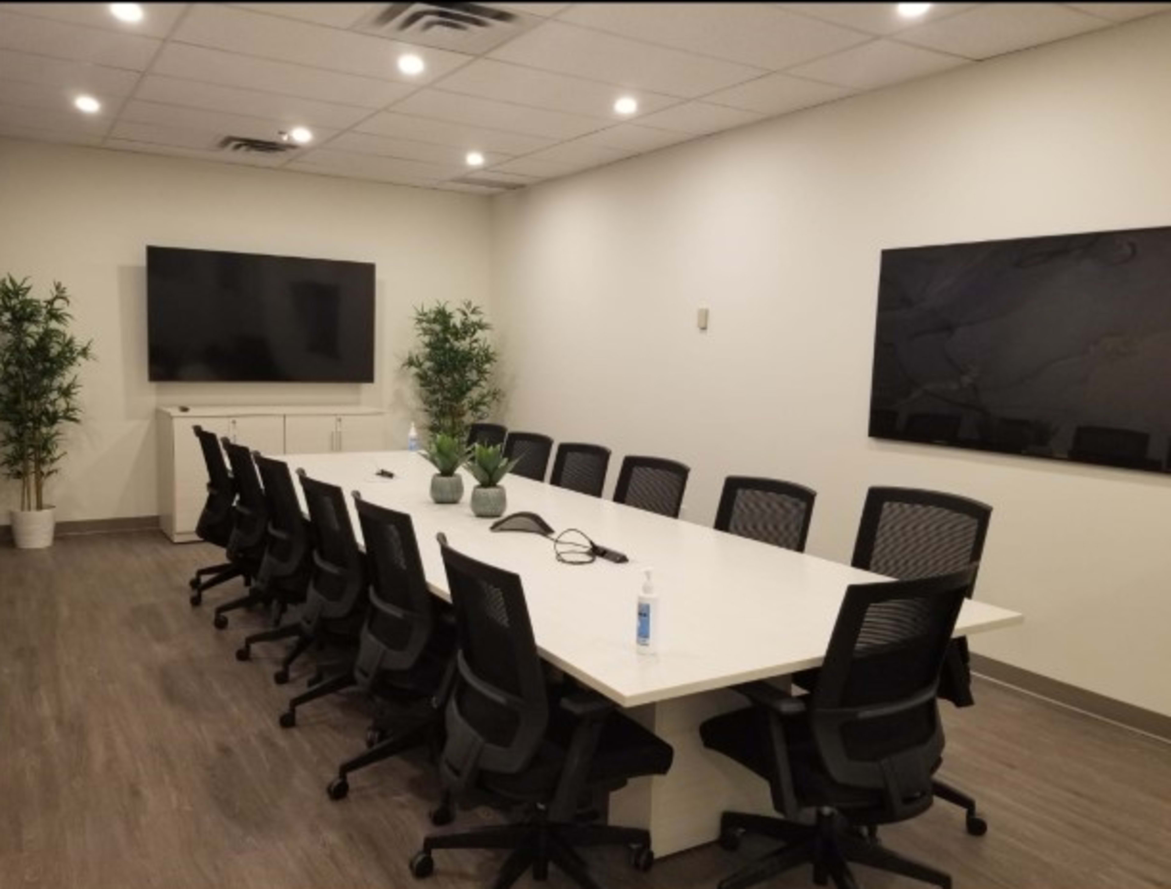 A modern conference room features a long table surrounded by ergonomic chairs, with two large screens mounted on the walls and potted plants in the corners.
