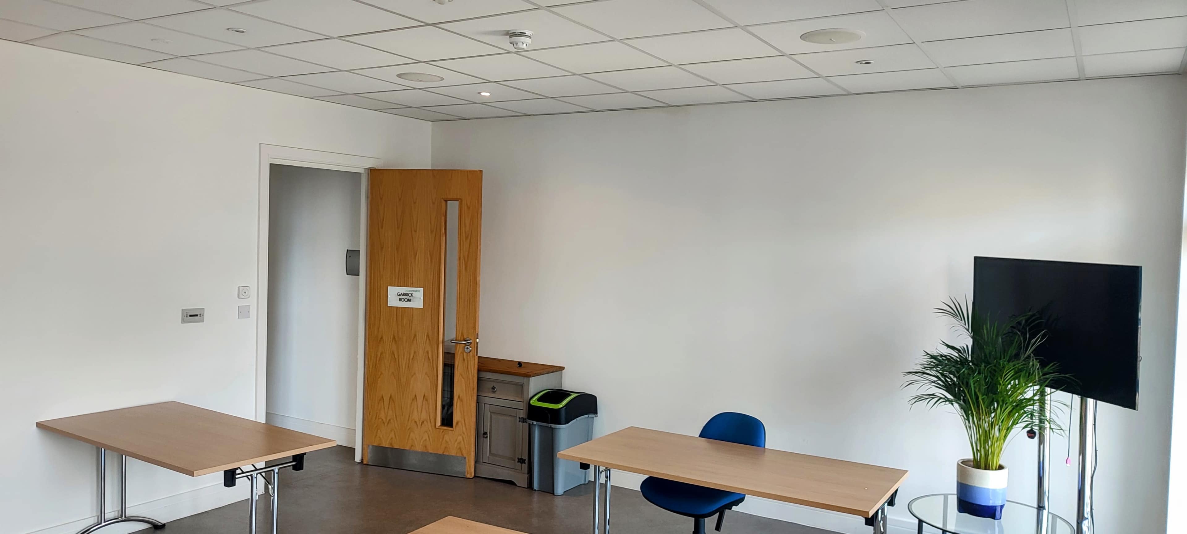 A bright, empty meeting room features two wooden tables, a blue chair, a television mounted on the wall, a door with a window, and a plant in a pot beside a waste bin.