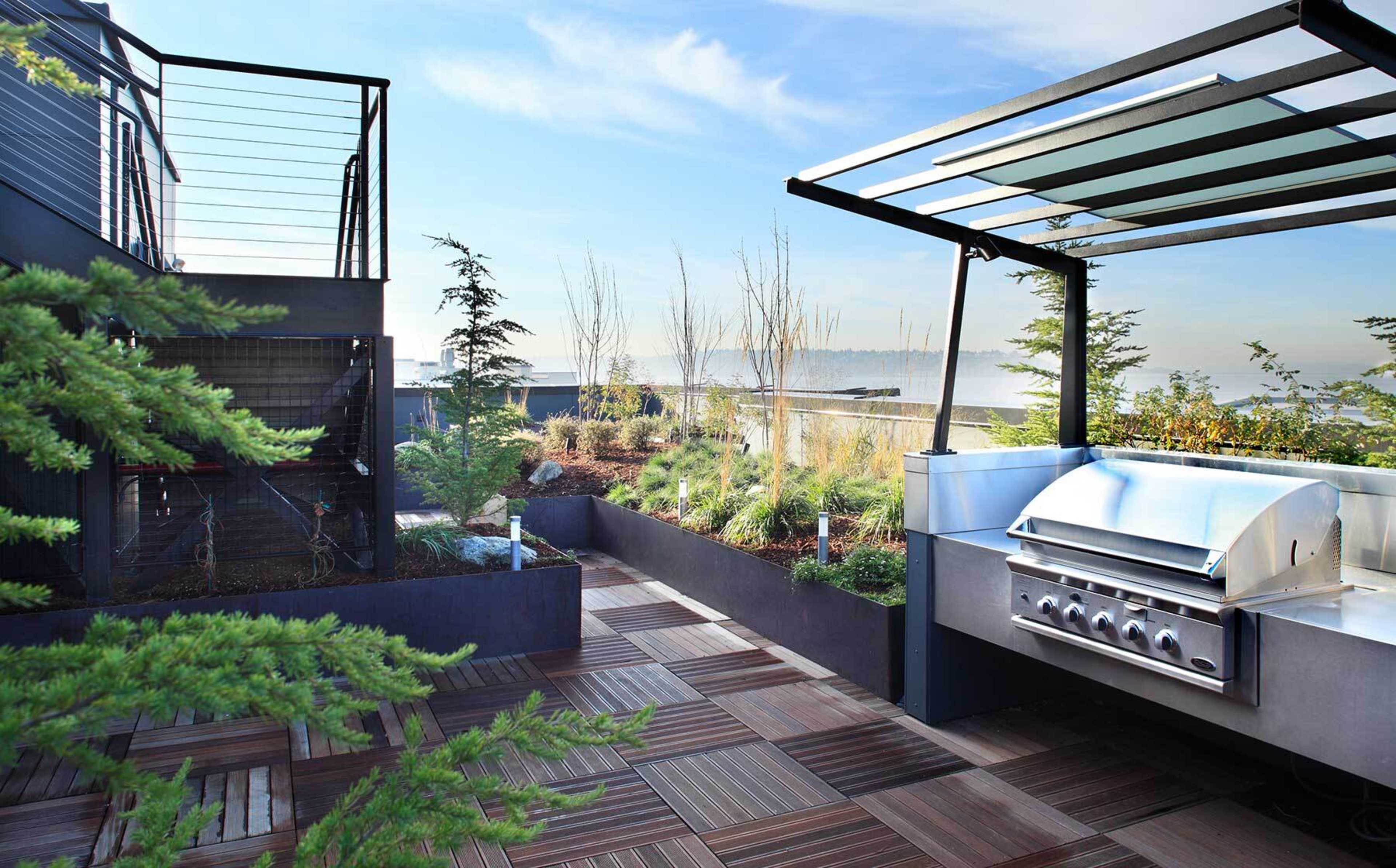 A rooftop deck featuring a stainless steel grill, landscaped planters, and views of distant trees and a body of water.