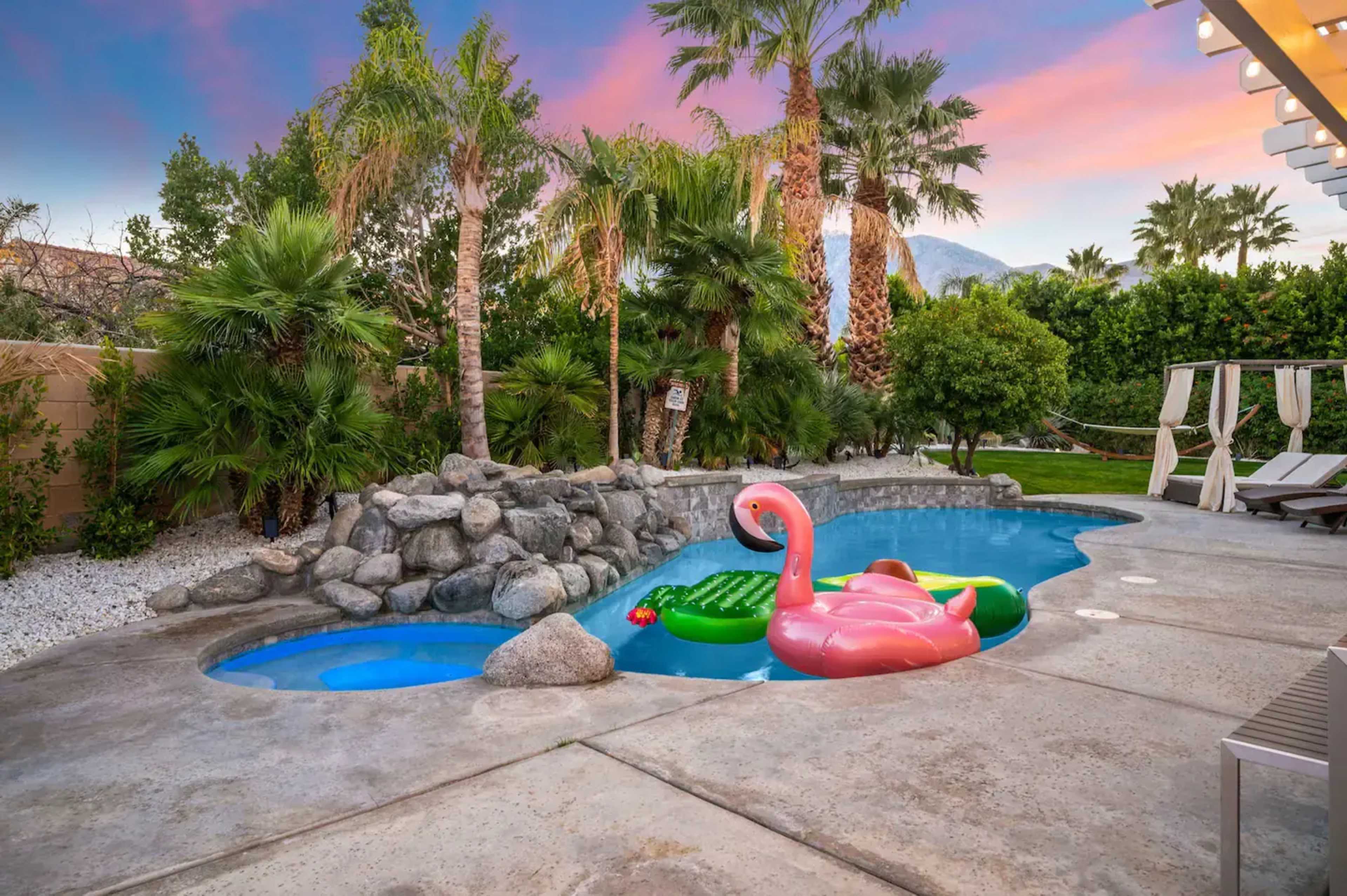 The image shows a backyard pool with a pink flamingo float and a green float, surrounded by palm trees and landscaping under a colorful sky.