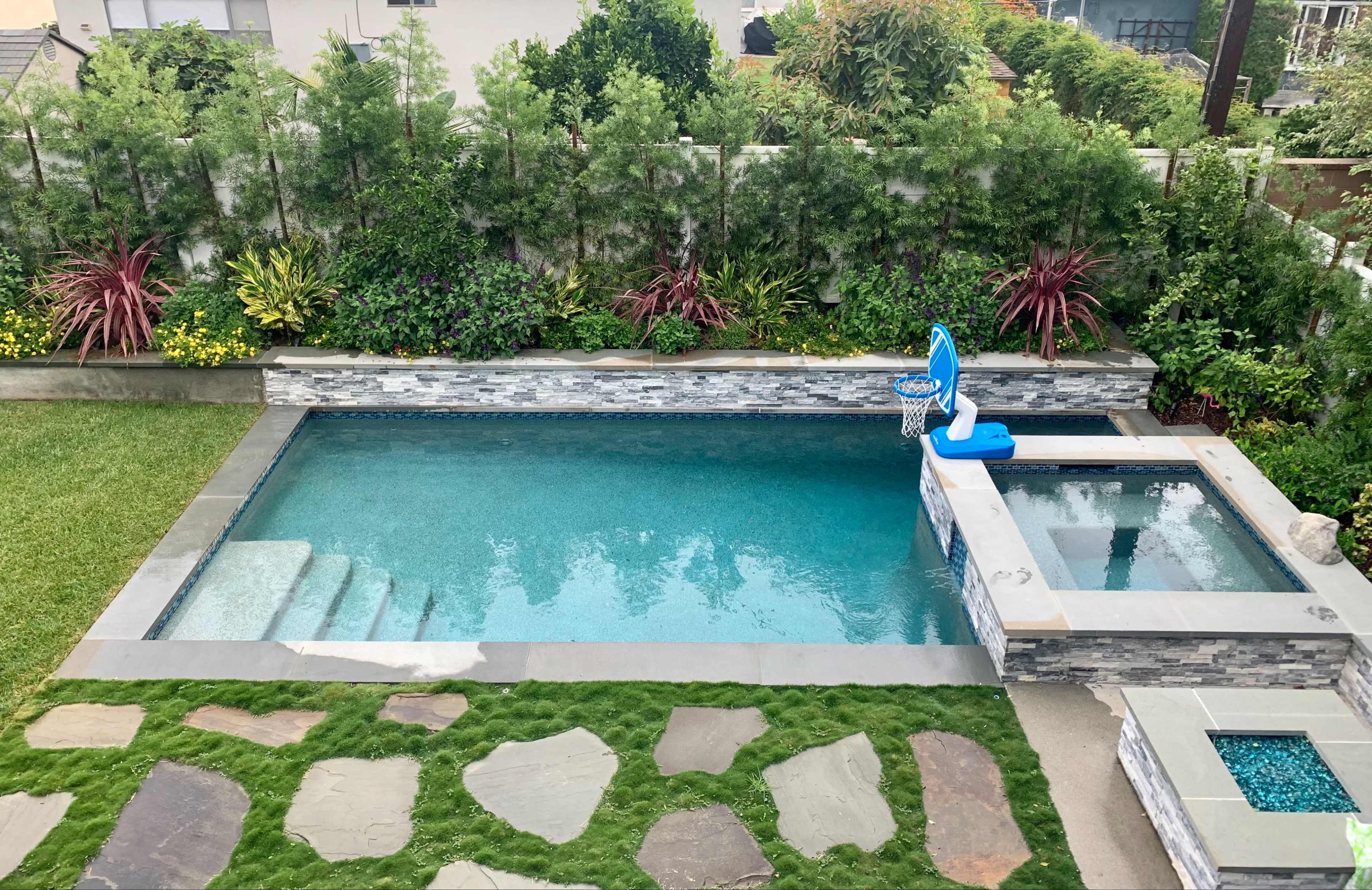 A backyard featuring a swimming pool with a spa, surrounded by landscaped greenery and stone pathways.