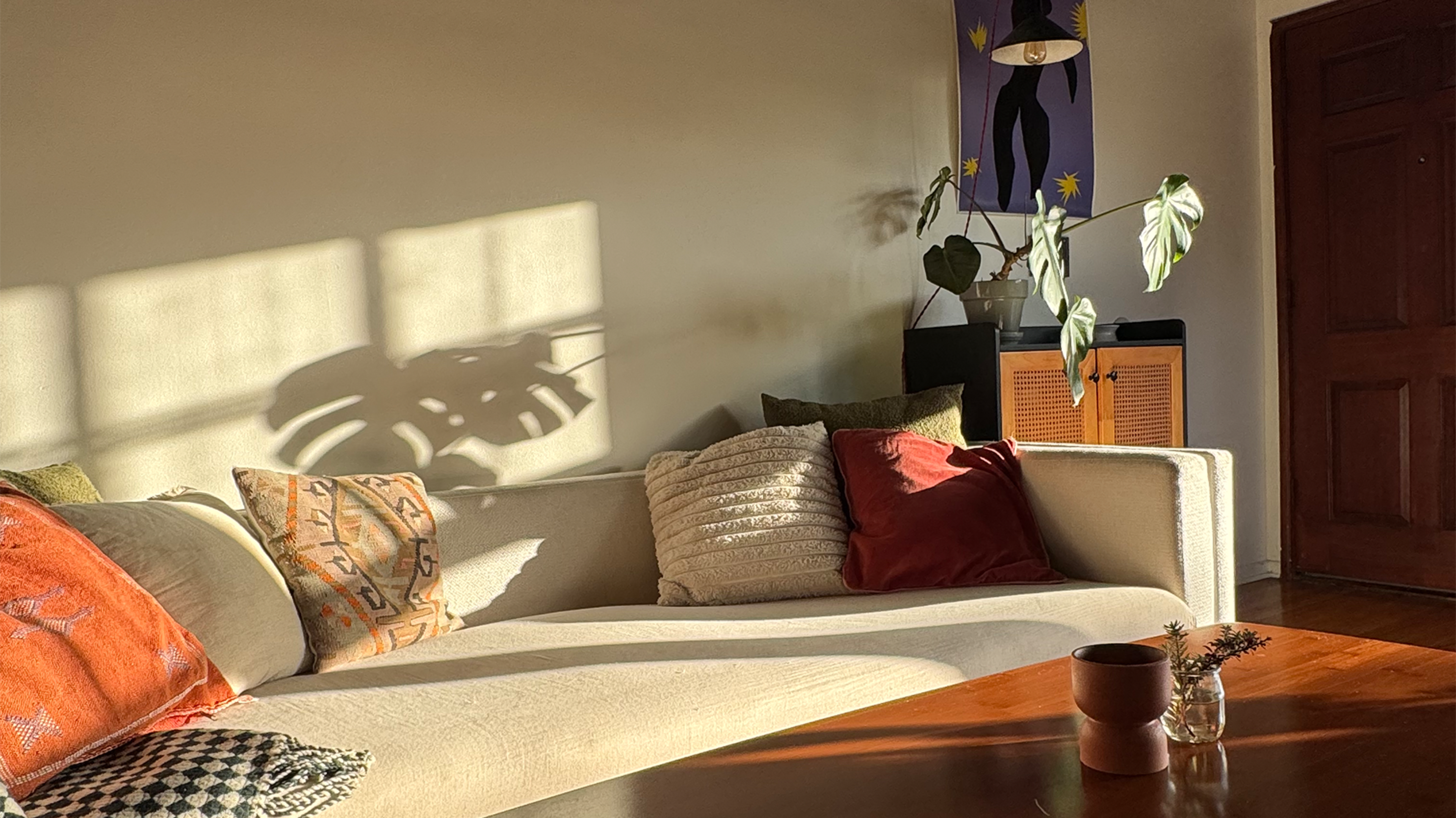 The scene depicts a cozy living room with a light-colored sofa adorned with various pillows, a wooden table, and a plant casting shadows on the wall in the warm afternoon light.