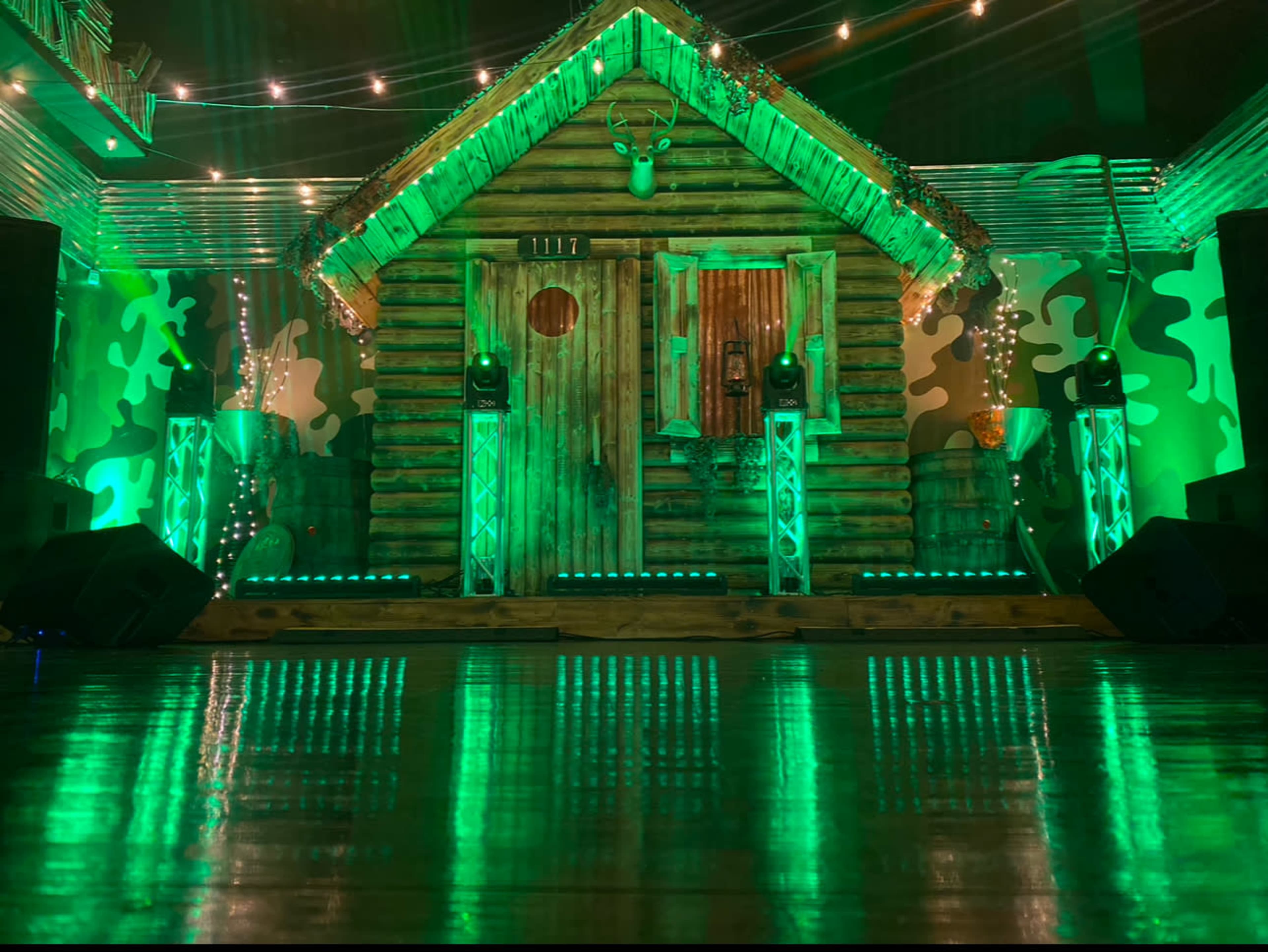 Indoor/Outdoor Ambience, prop log cabin with porch/stage, venue Image in Winston-Salem, Winston-Salem, NC