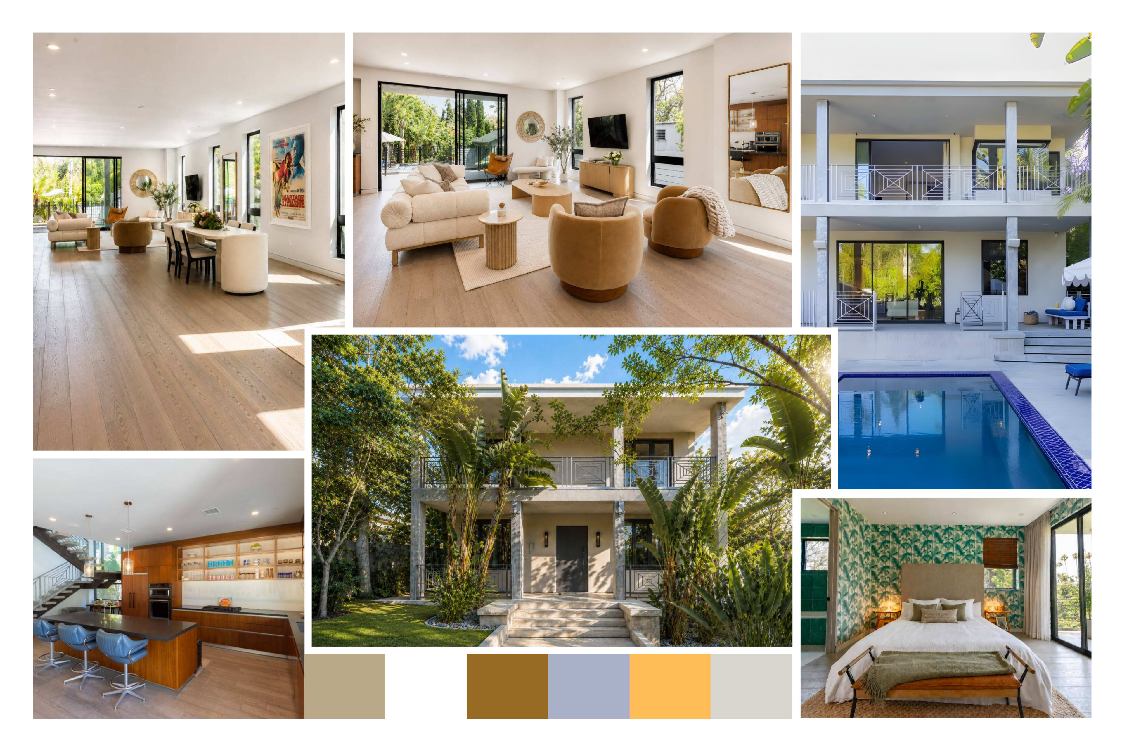 The image showcases a modern home featuring spacious interiors, a sleek kitchen, an outdoor pool, and lush landscaping.