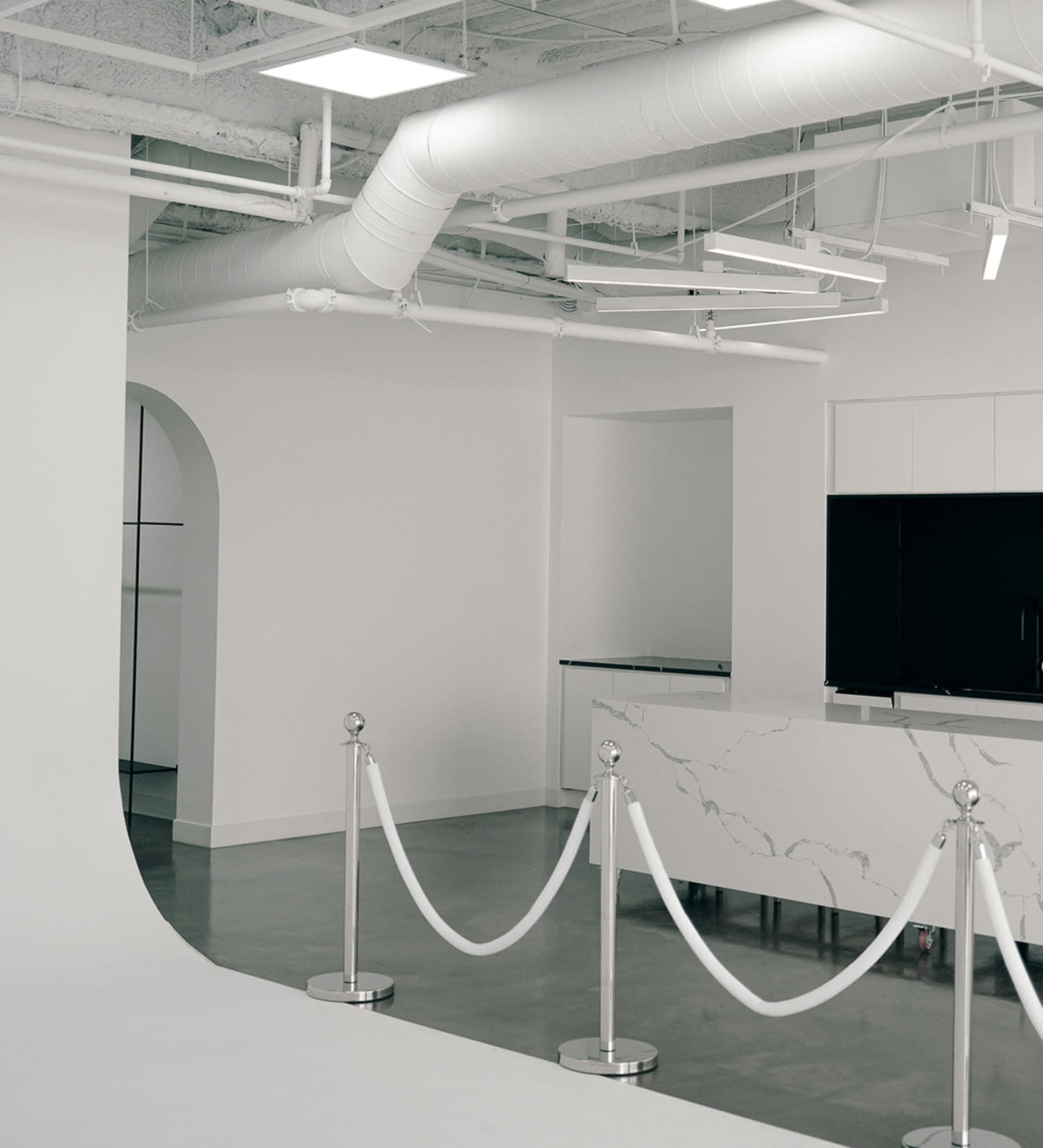 A minimalistic interior space with white walls, a curved backdrop, and a counter featuring a marble design, separated by velvet ropes.