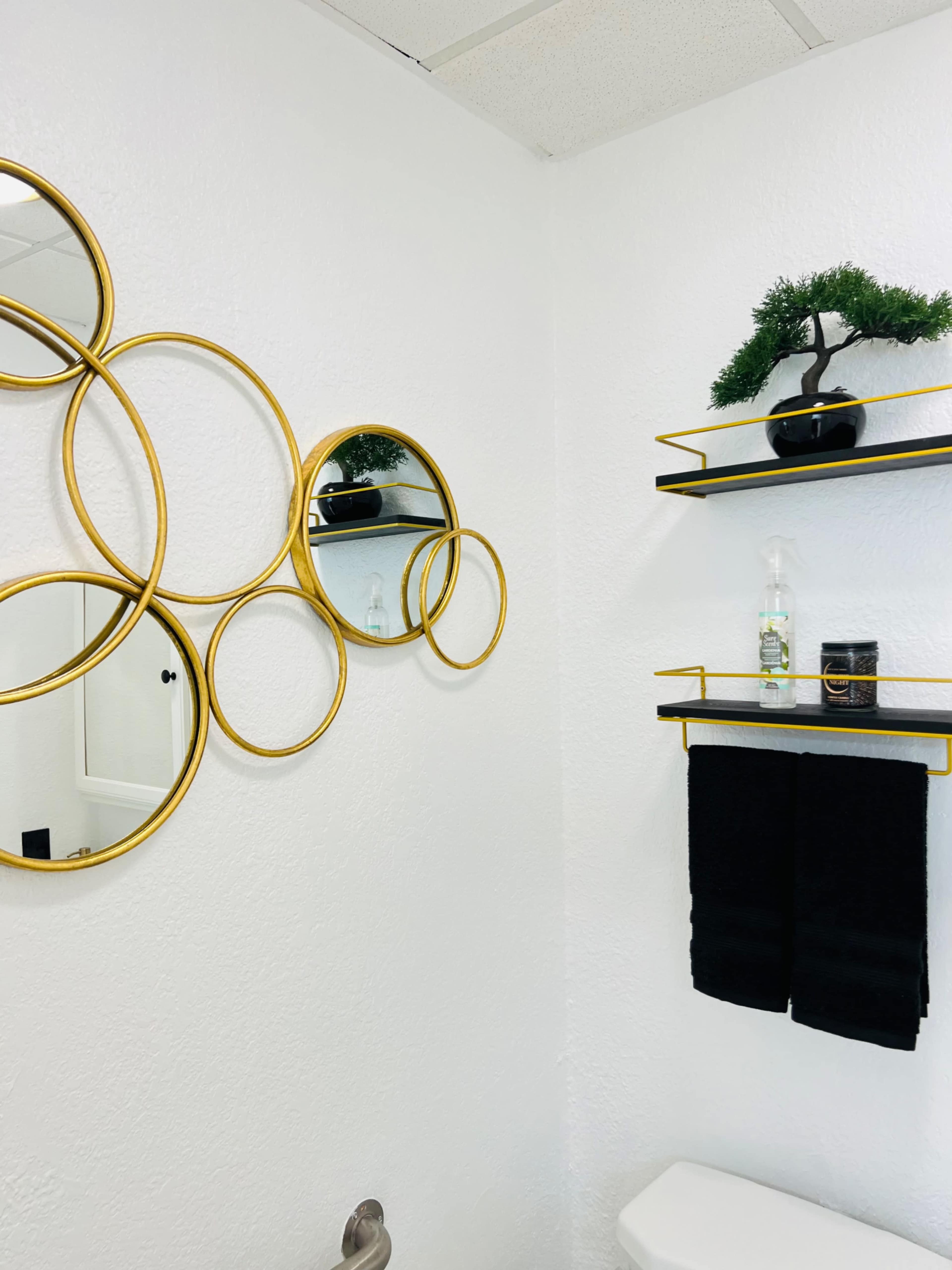 The bathroom features gold circular mirrors on the wall, a small plant on a shelf, and black towels hanging on another shelf.