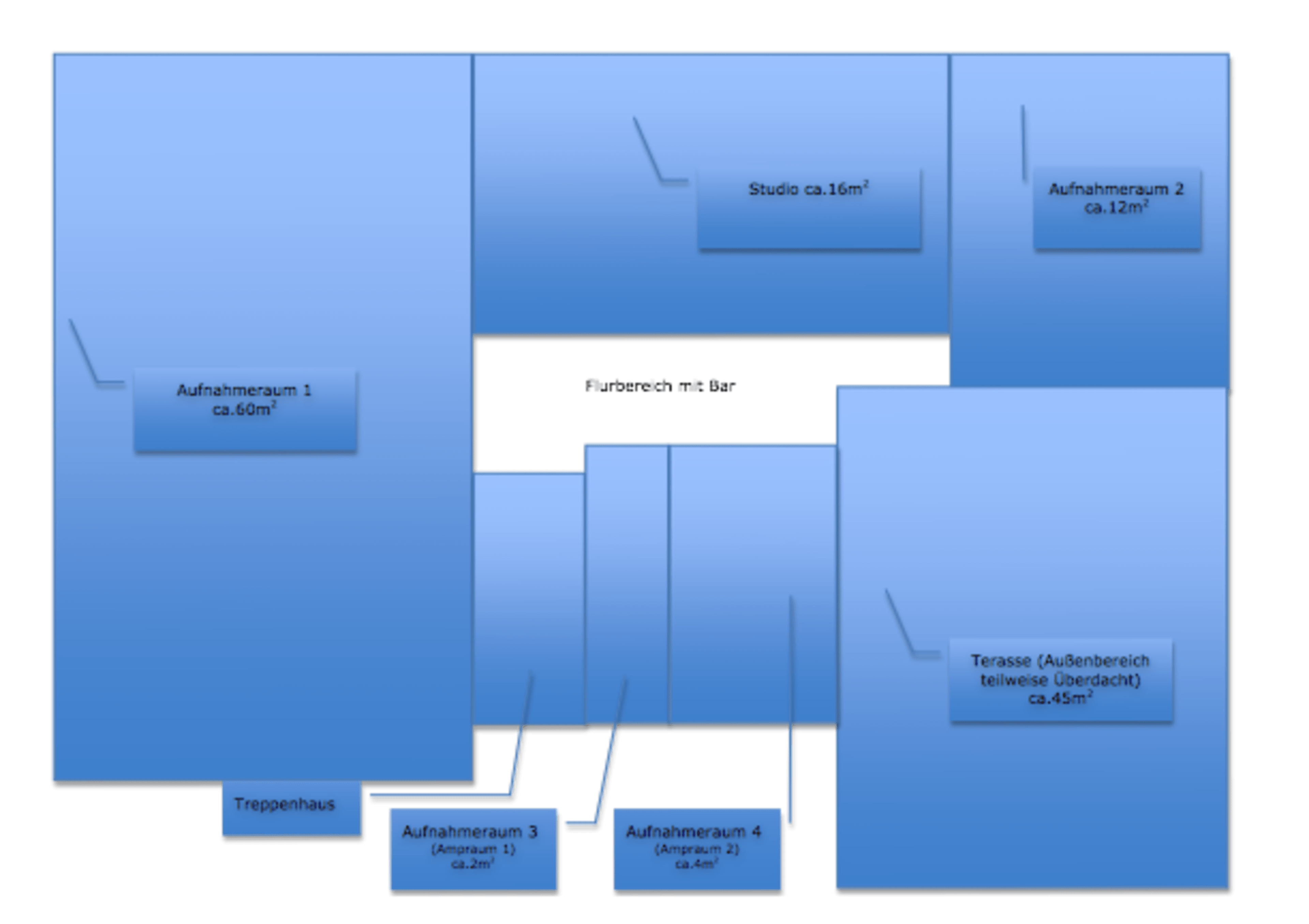 A labeled floor plan layout of a building that includes various rooms such as a studio, multiple recording rooms, a terrace, and a staircase.