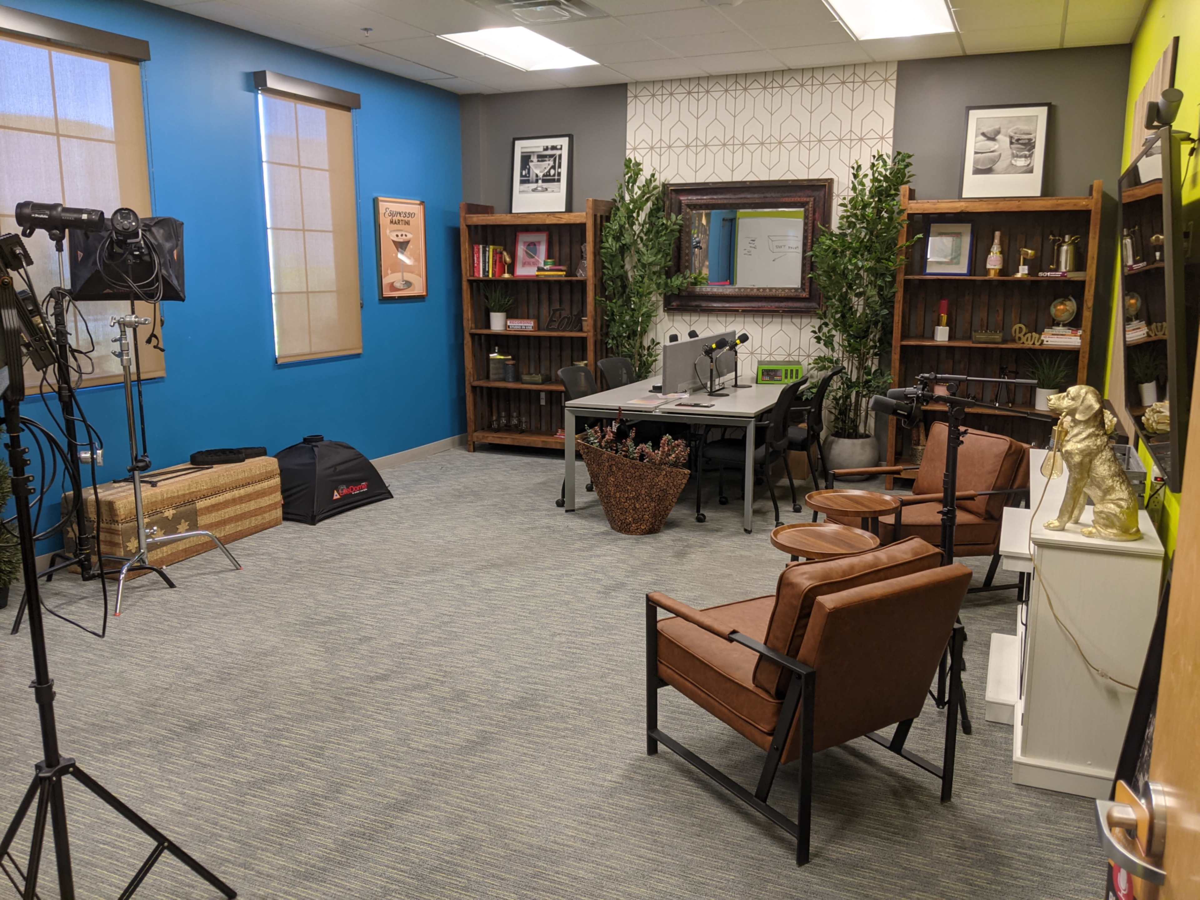 The image shows a well-organized office space featuring a discussion table with microphones, shelves filled with books and decorative items, and seating arrangements with two armchairs.