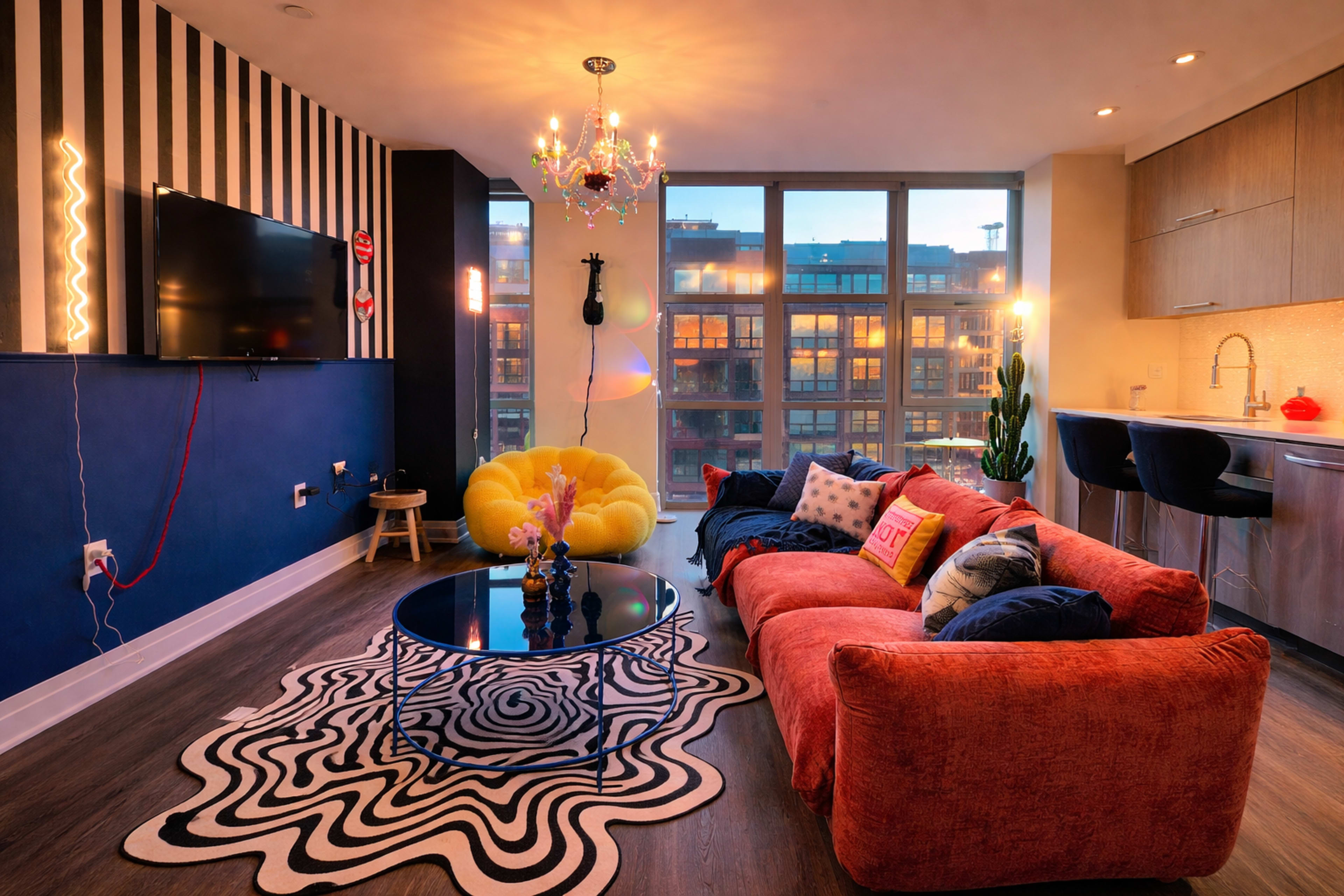 The image shows a modern living room with a bright orange couch, a round glass table on a patterned rug, and a stylish kitchen area with large windows overlooking a cityscape.
