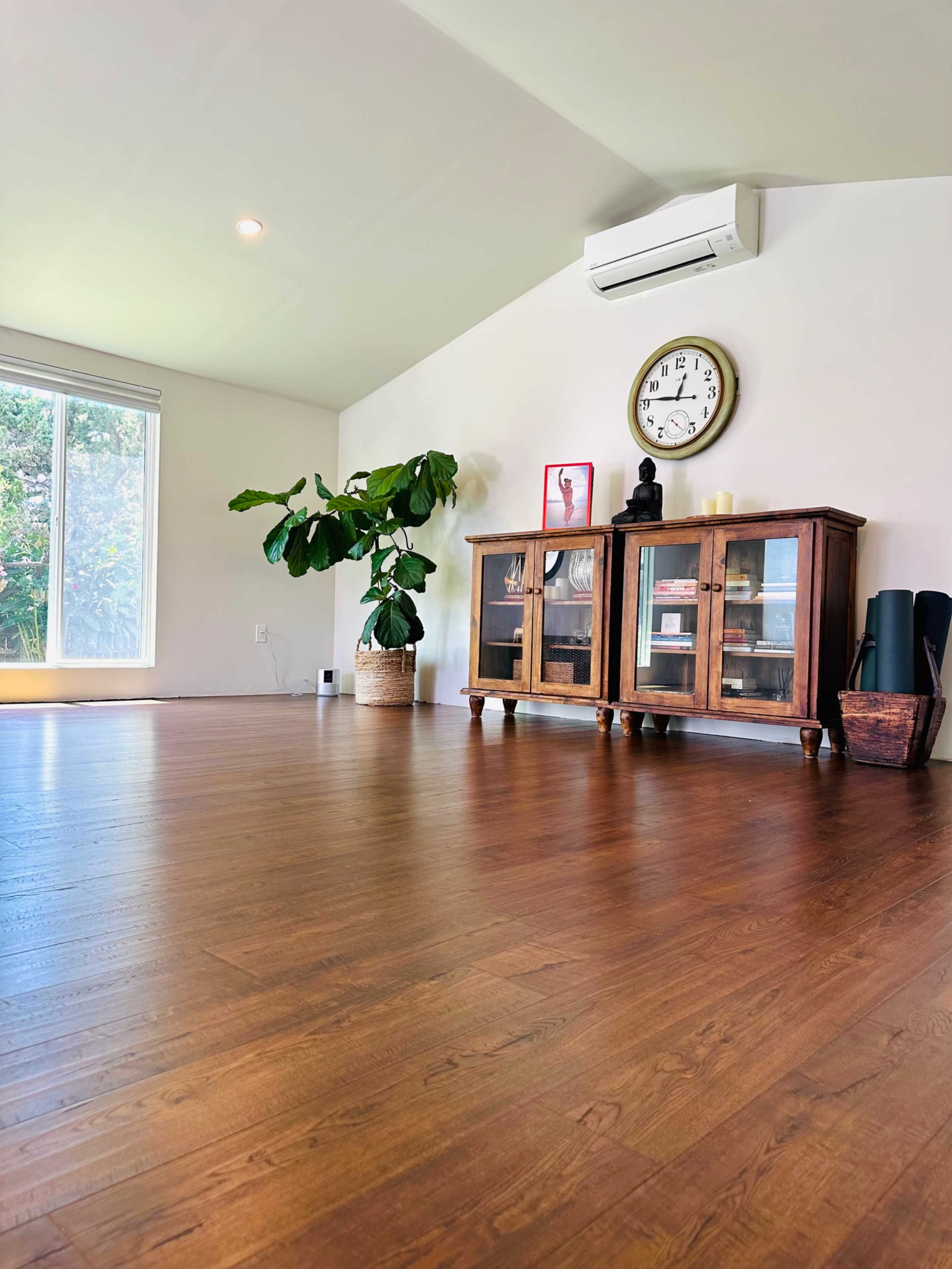The image shows a spacious room with hardwood flooring, featuring a large window, a wooden cabinet, a wall clock, and a potted plant.
