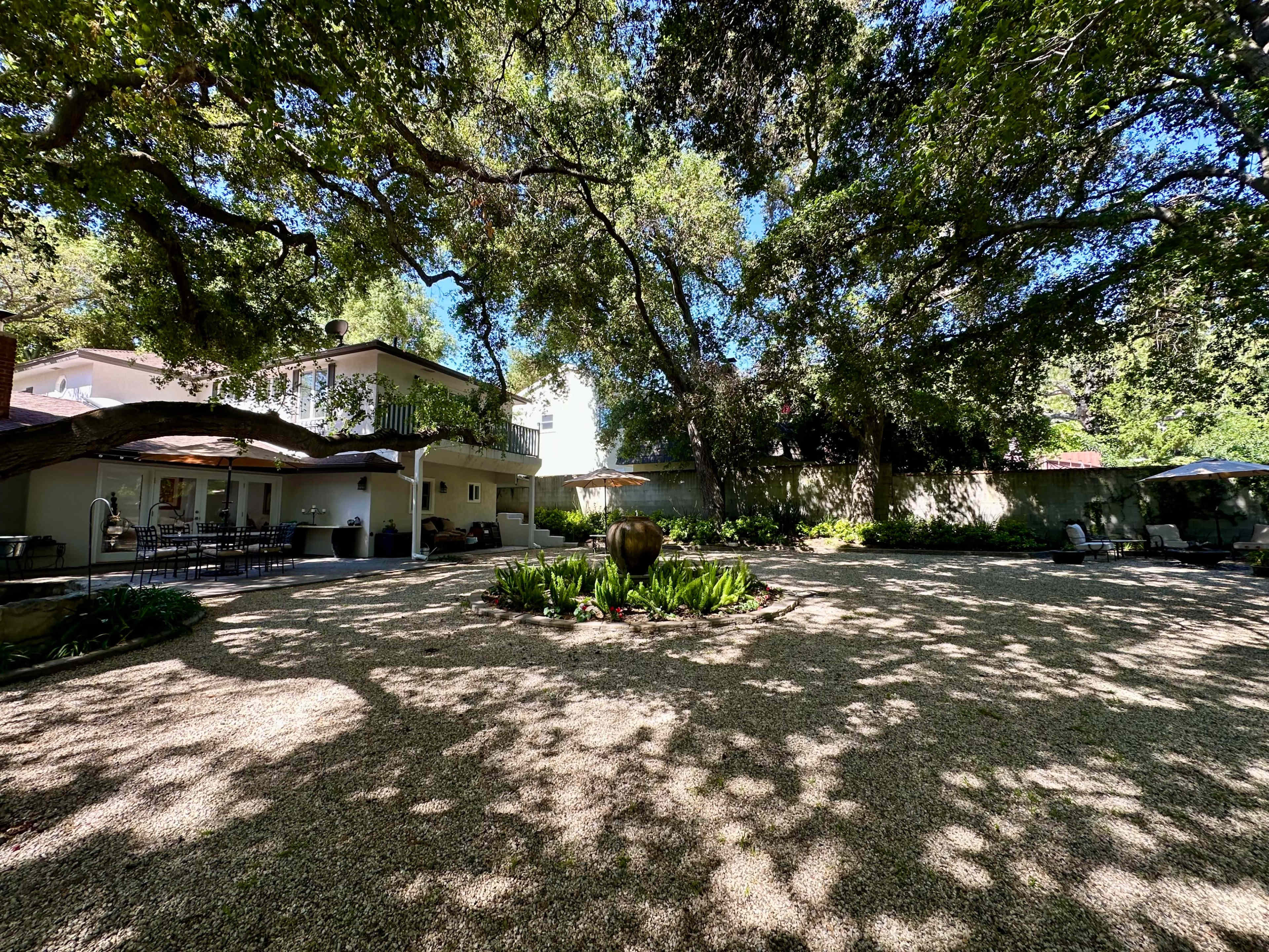 A spacious garden with a gravel surface is bordered by trees and features green plants and a modern two-story house in the background.