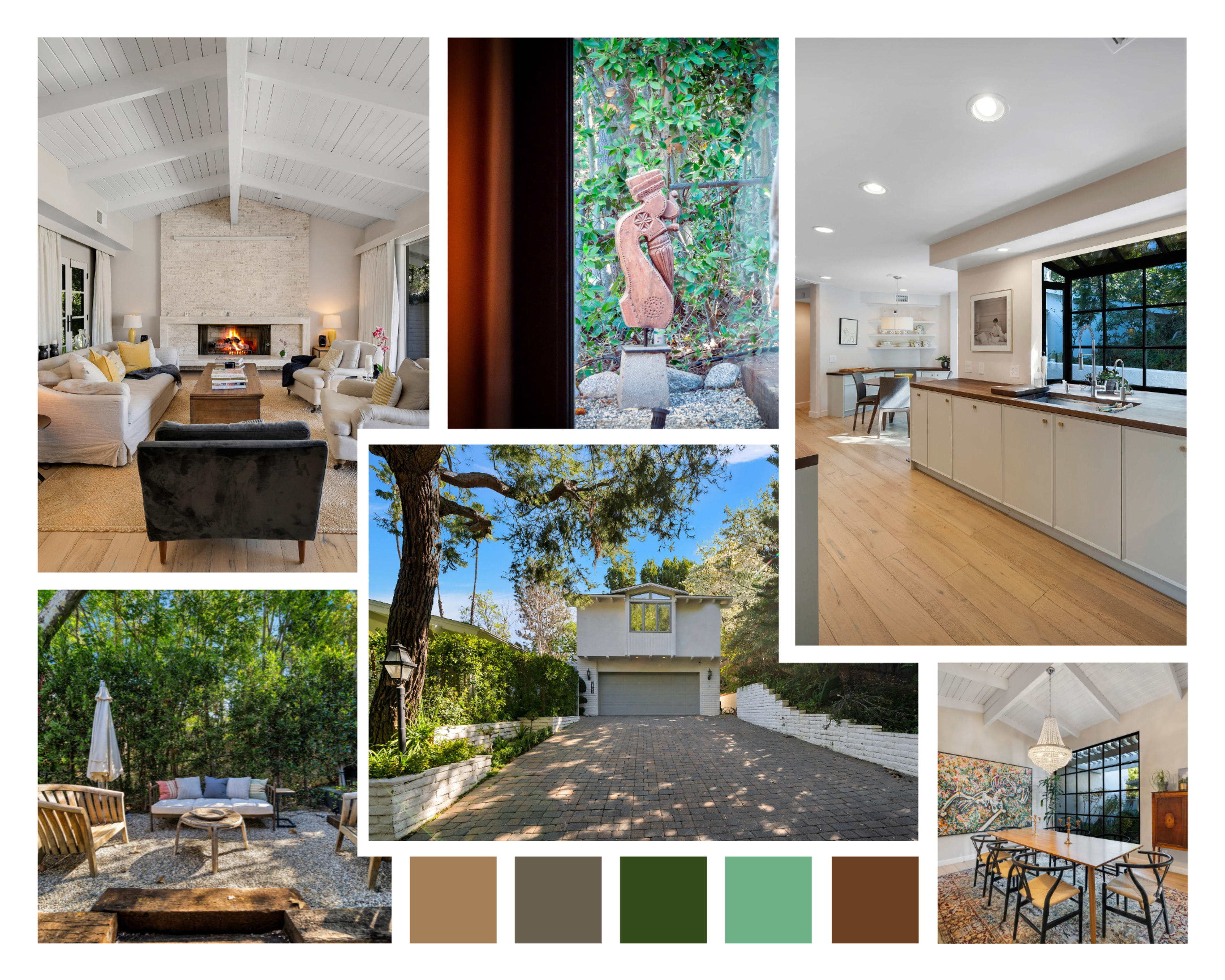 A stylish home interior and exterior, featuring a living room with a fireplace, a modern kitchen, an outdoor seating area, and a well-maintained driveway leading to a contemporary house.