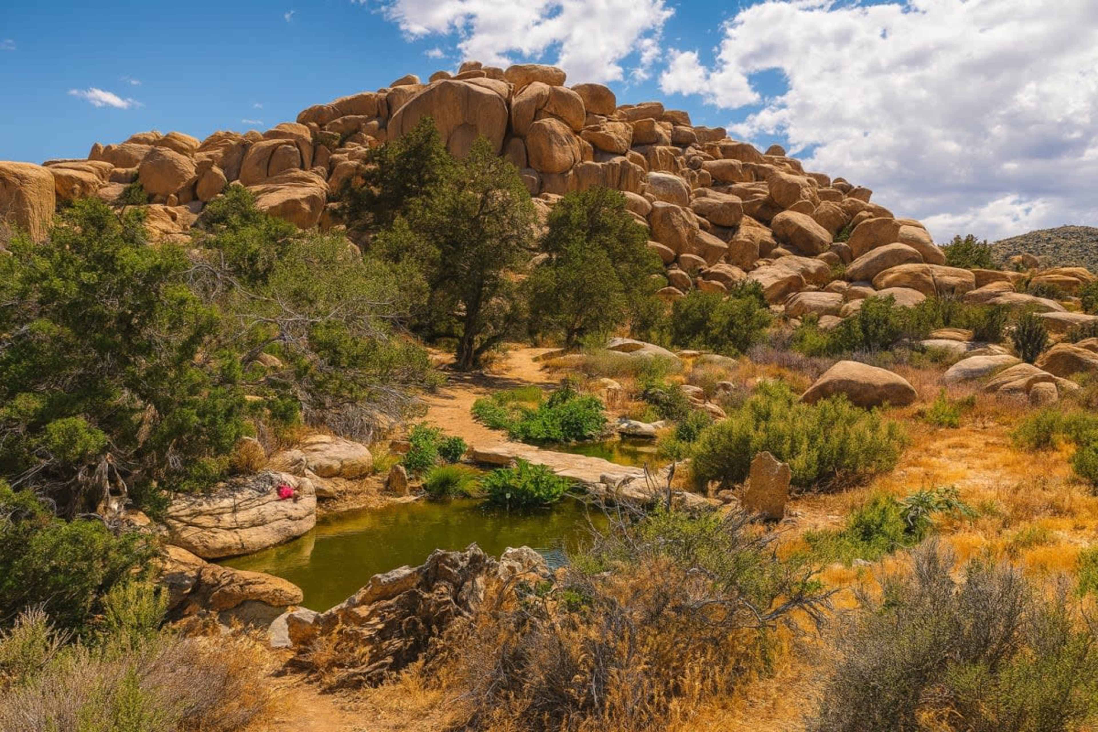 The scene shows a rocky hillside with large boulders, vegetation, and a small pond surrounded by shrubs and trees under a partly cloudy sky.