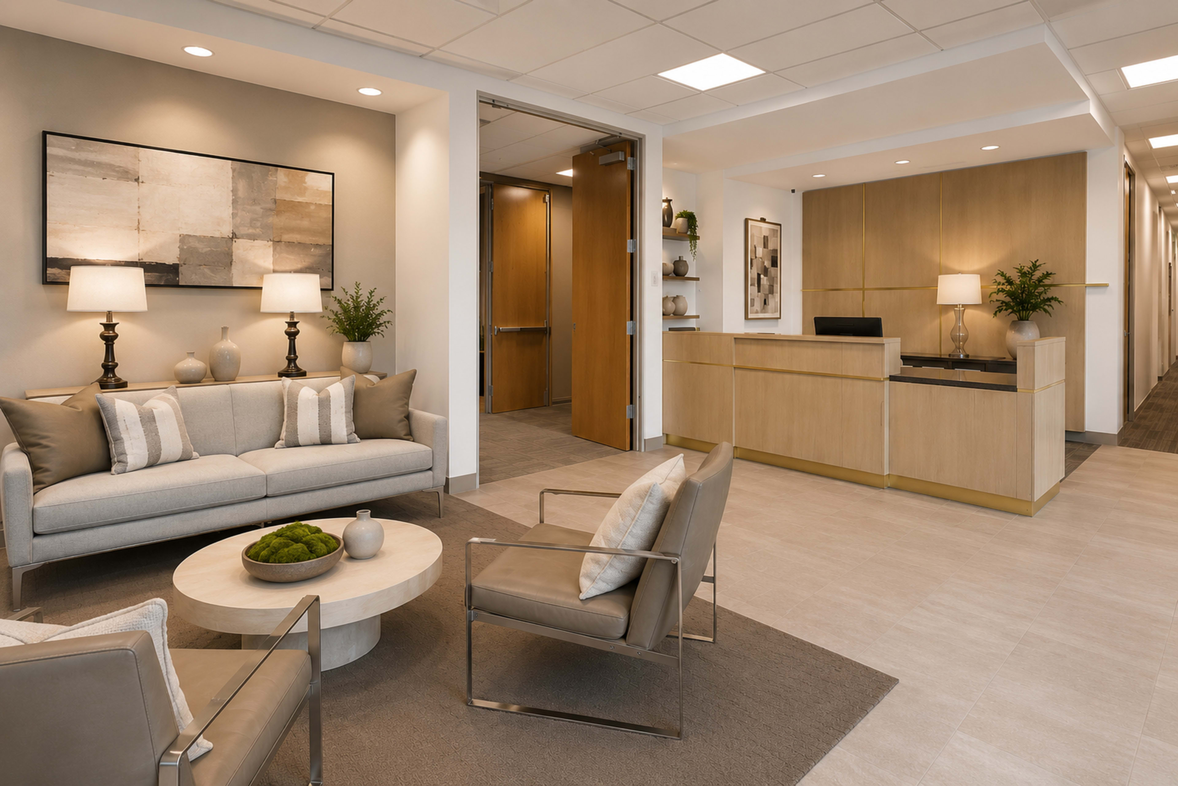 The image shows a modern reception area featuring a light-colored sofa, two armchairs, a coffee table, and a front desk with wooden accents.
