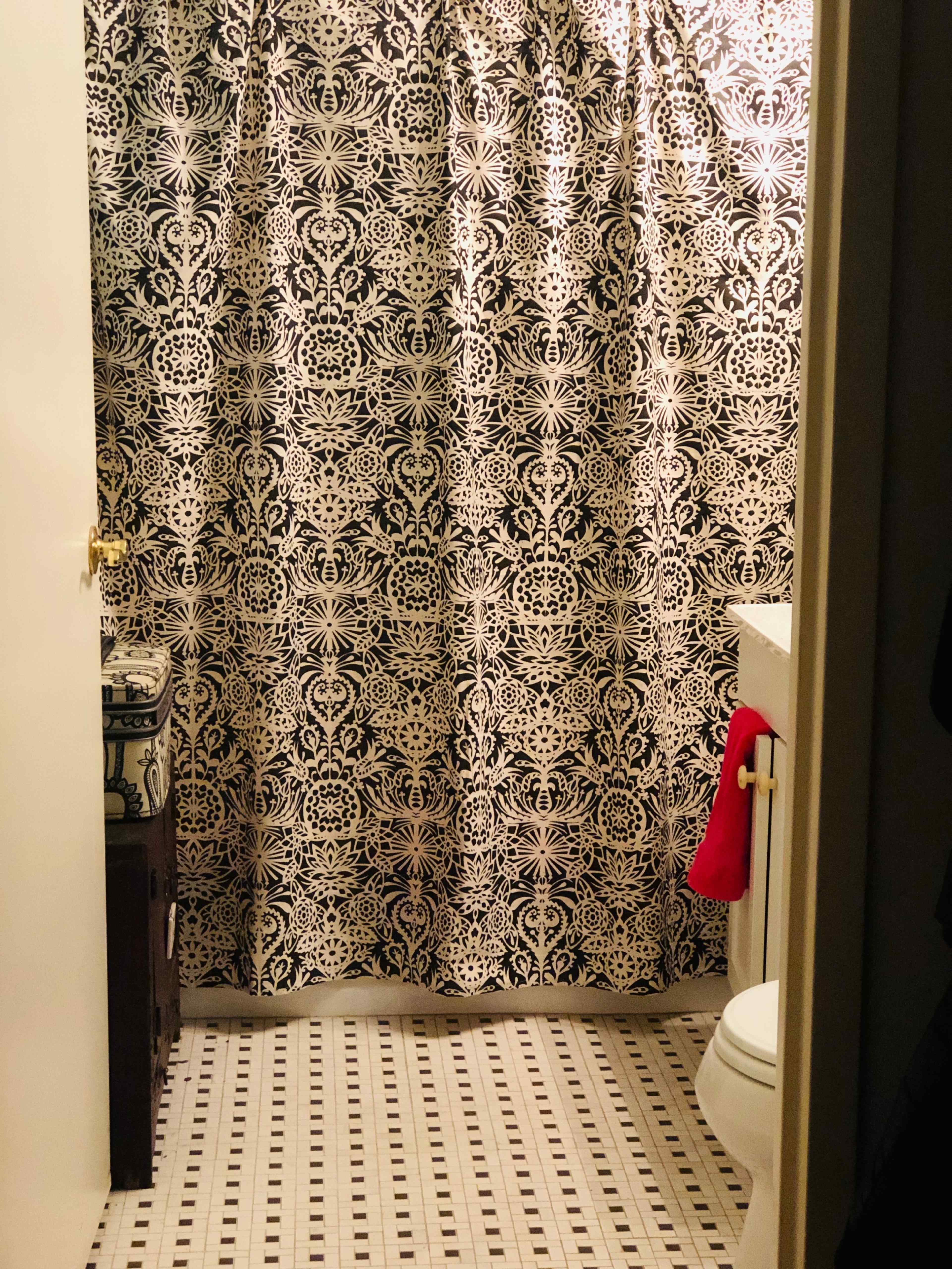 A bathroom with a decorative shower curtain, a toilet, and patterned tile flooring.