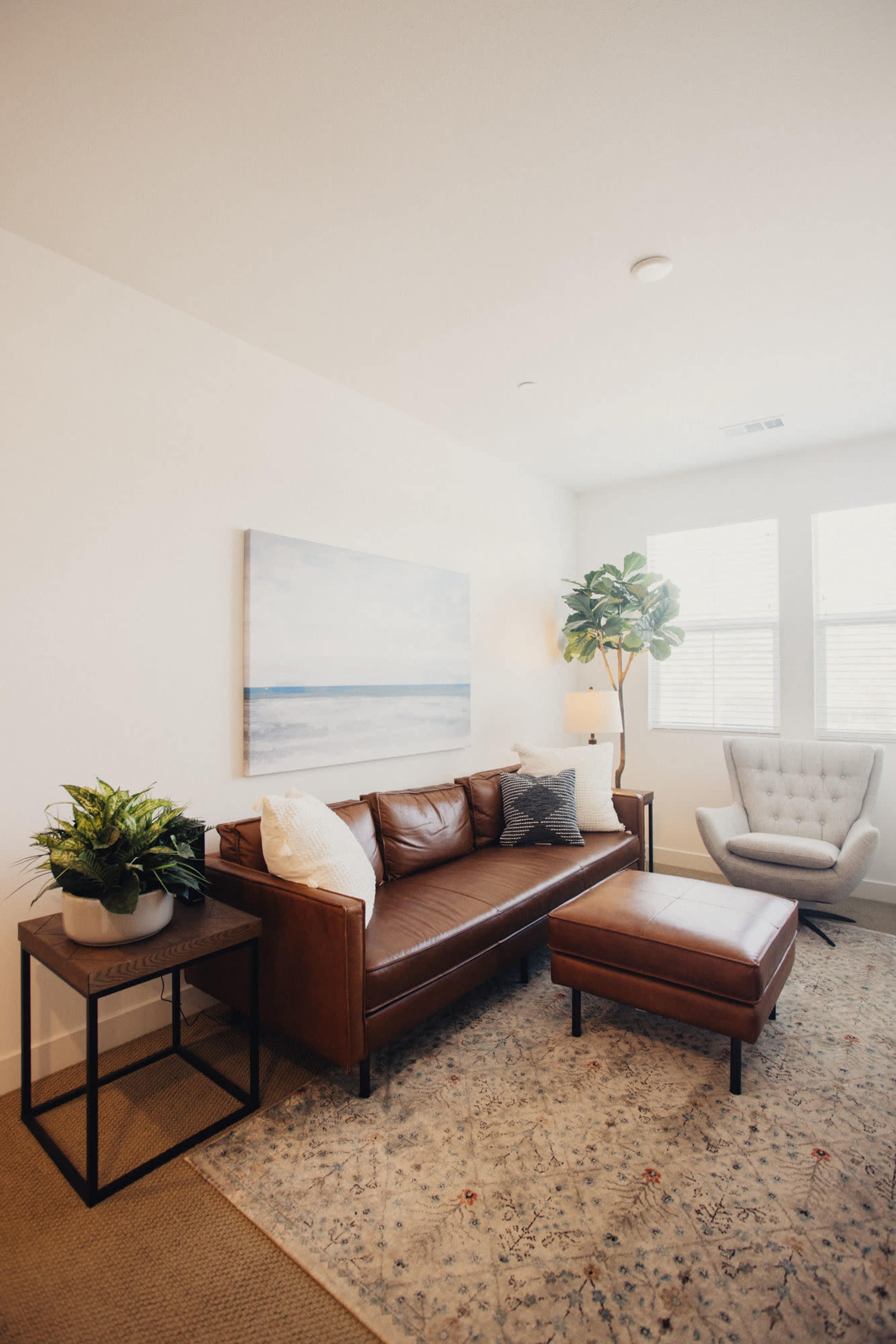 A modern living room featuring a brown leather sofa, a light gray armchair, a small side table with potted plants, and a decorative rug under a painting of a coastal scene.