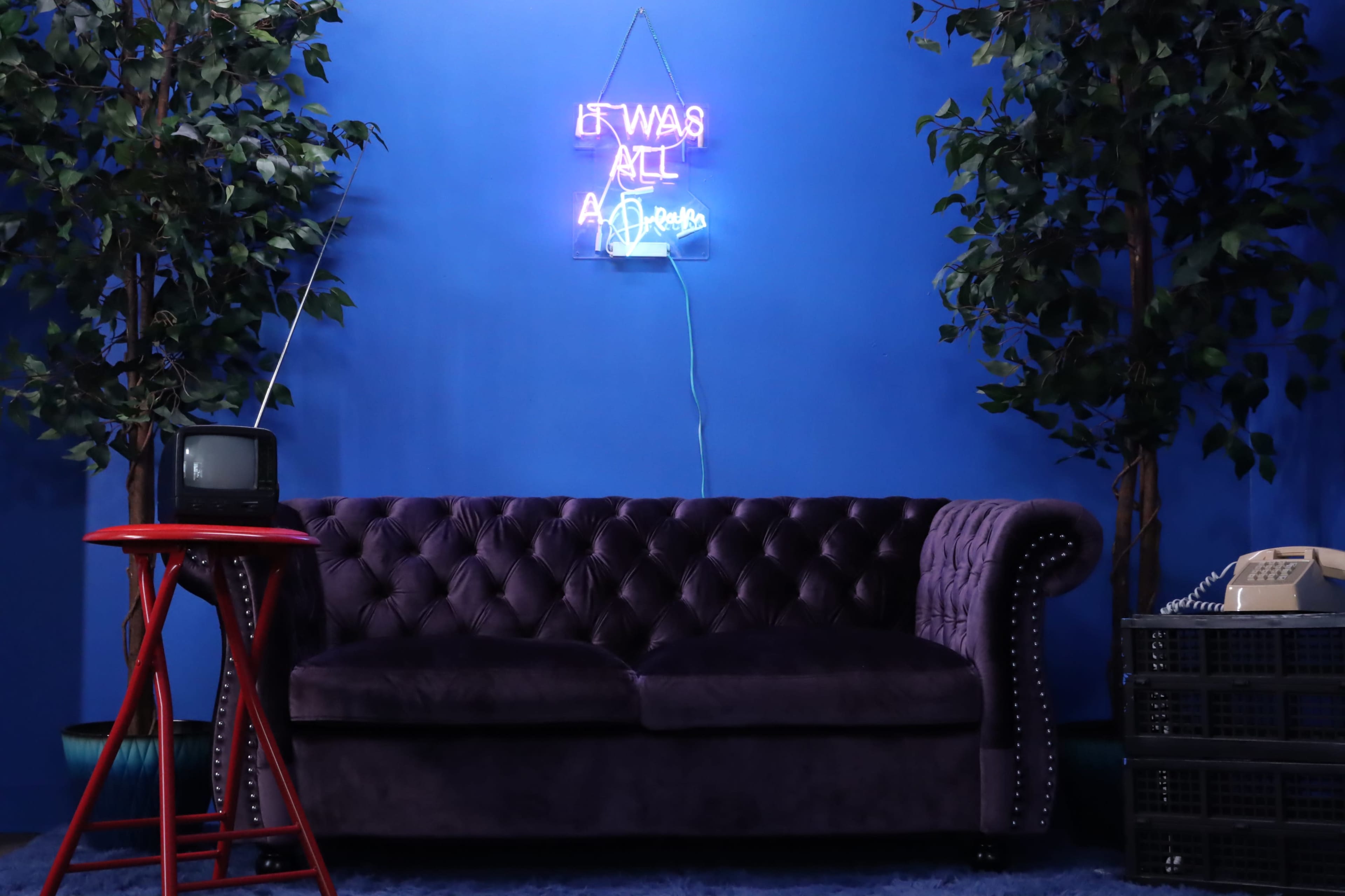 A velvet sofa is placed against a blue wall, flanked by two potted plants, with a neon sign above that reads "It Was All a Dream," and a vintage television and rotary phone on a red side table.