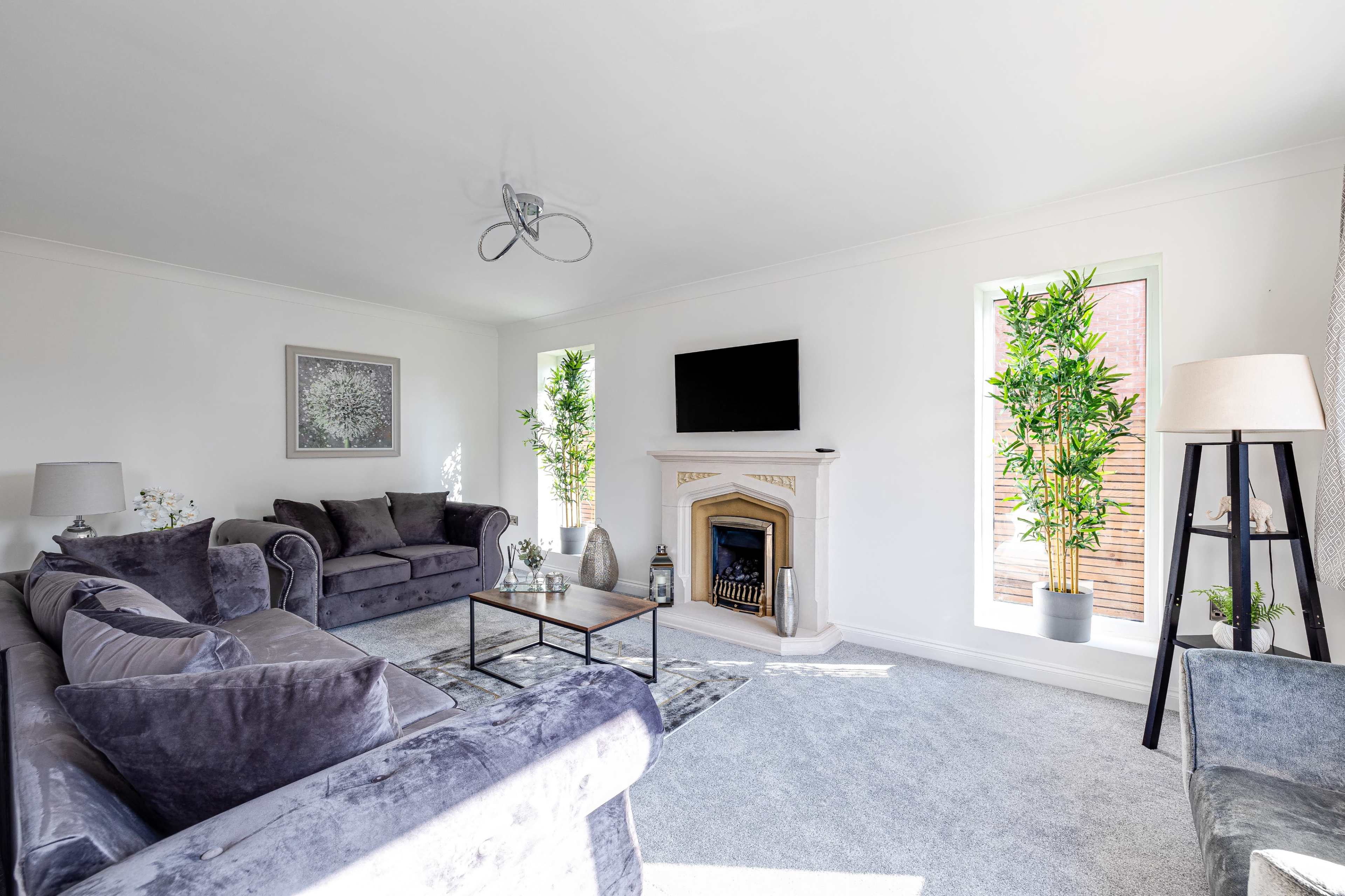 The living room features a light-colored space with a modern fireplace, a flat-screen TV mounted on the wall, and plants in the windows.