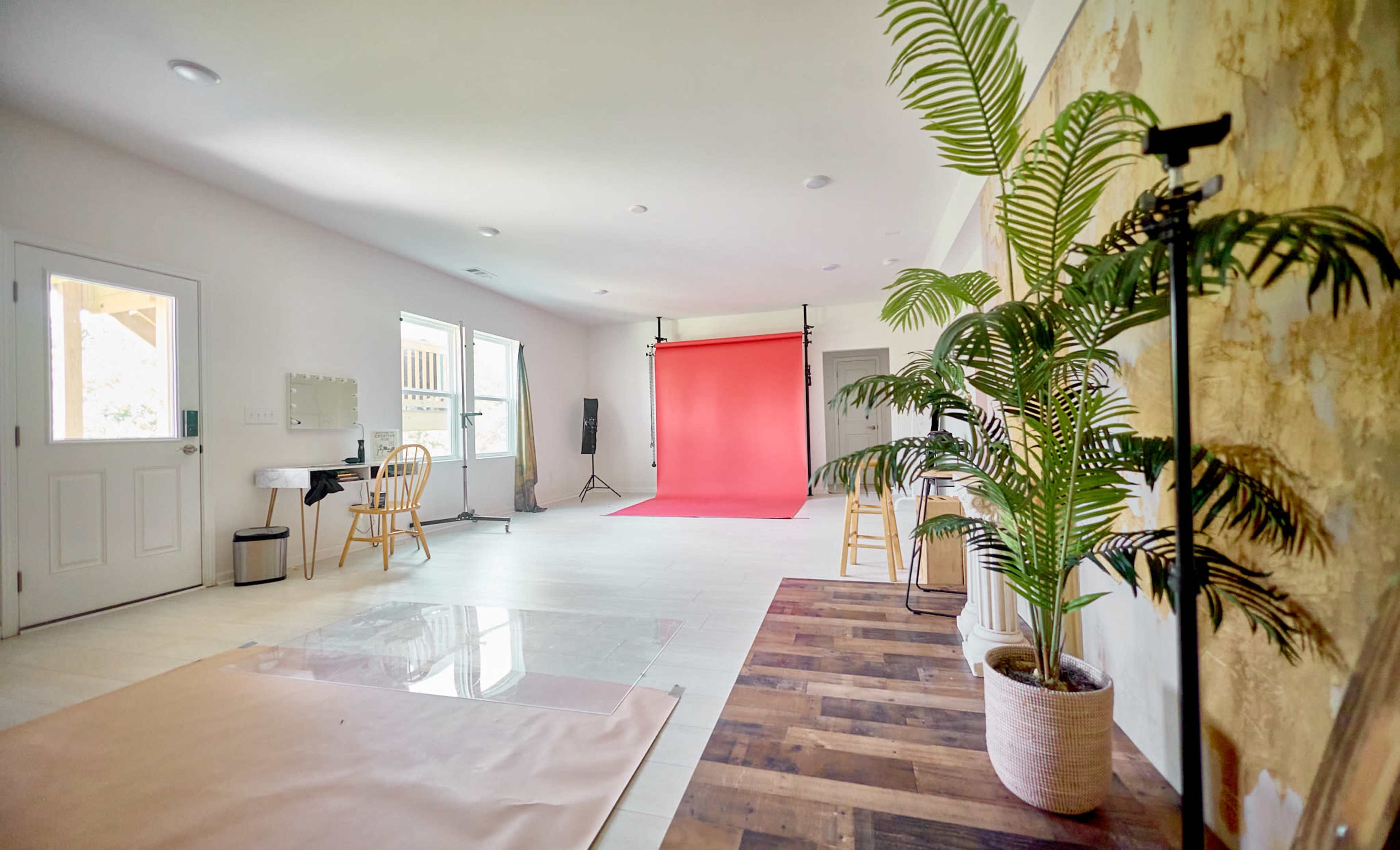 The image shows a spacious studio with a red backdrop, wooden flooring, large windows, and a potted plant in one corner.