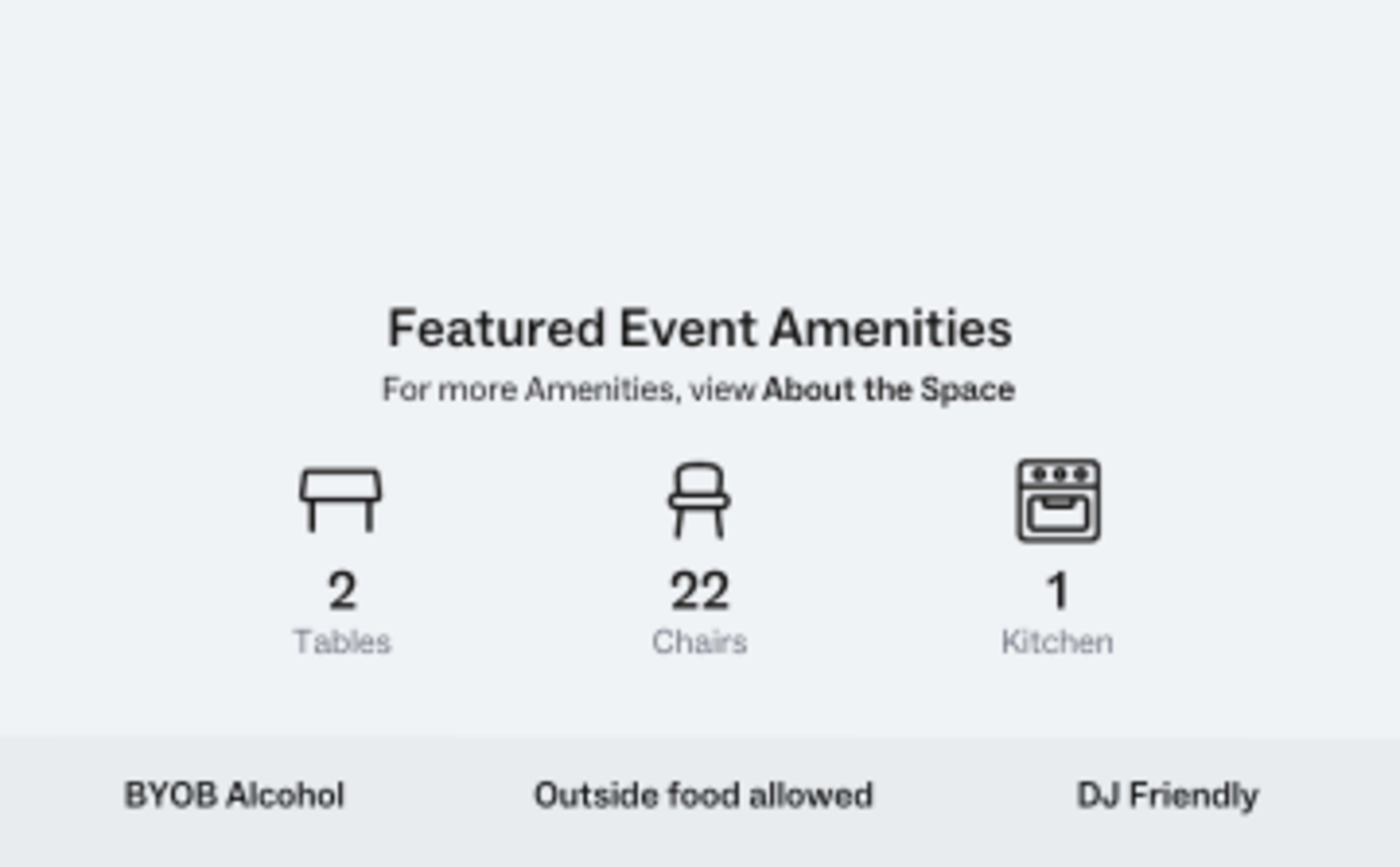 Featured event amenities, including 2 tables, 22 chairs, 1 kitchen, and notes that BYOB alcohol and outside food are allowed.