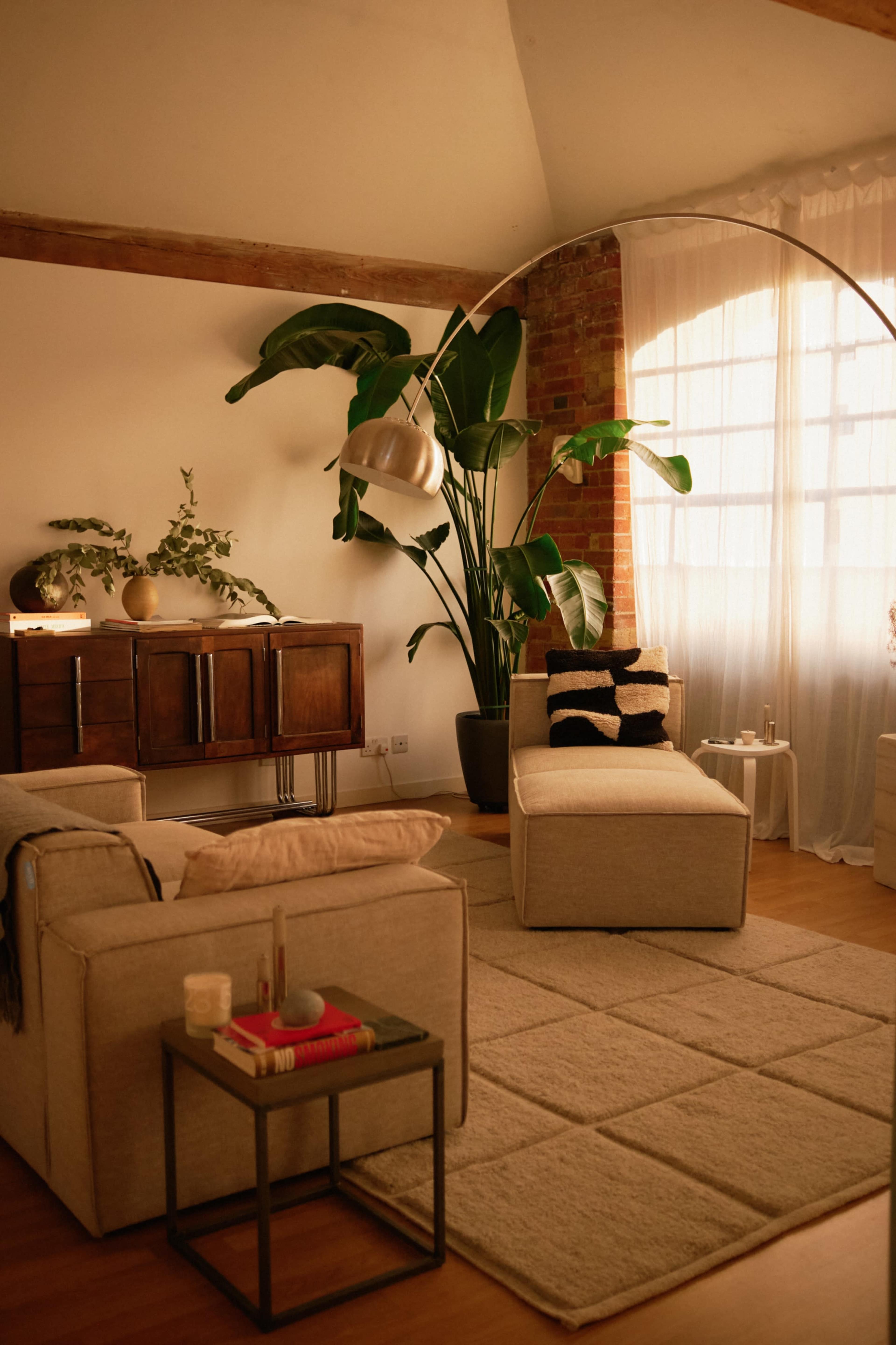The image features a cozy living room with a large potted plant, a light-colored couch, a textured rug, and a floor lamp beside a wooden sideboard.