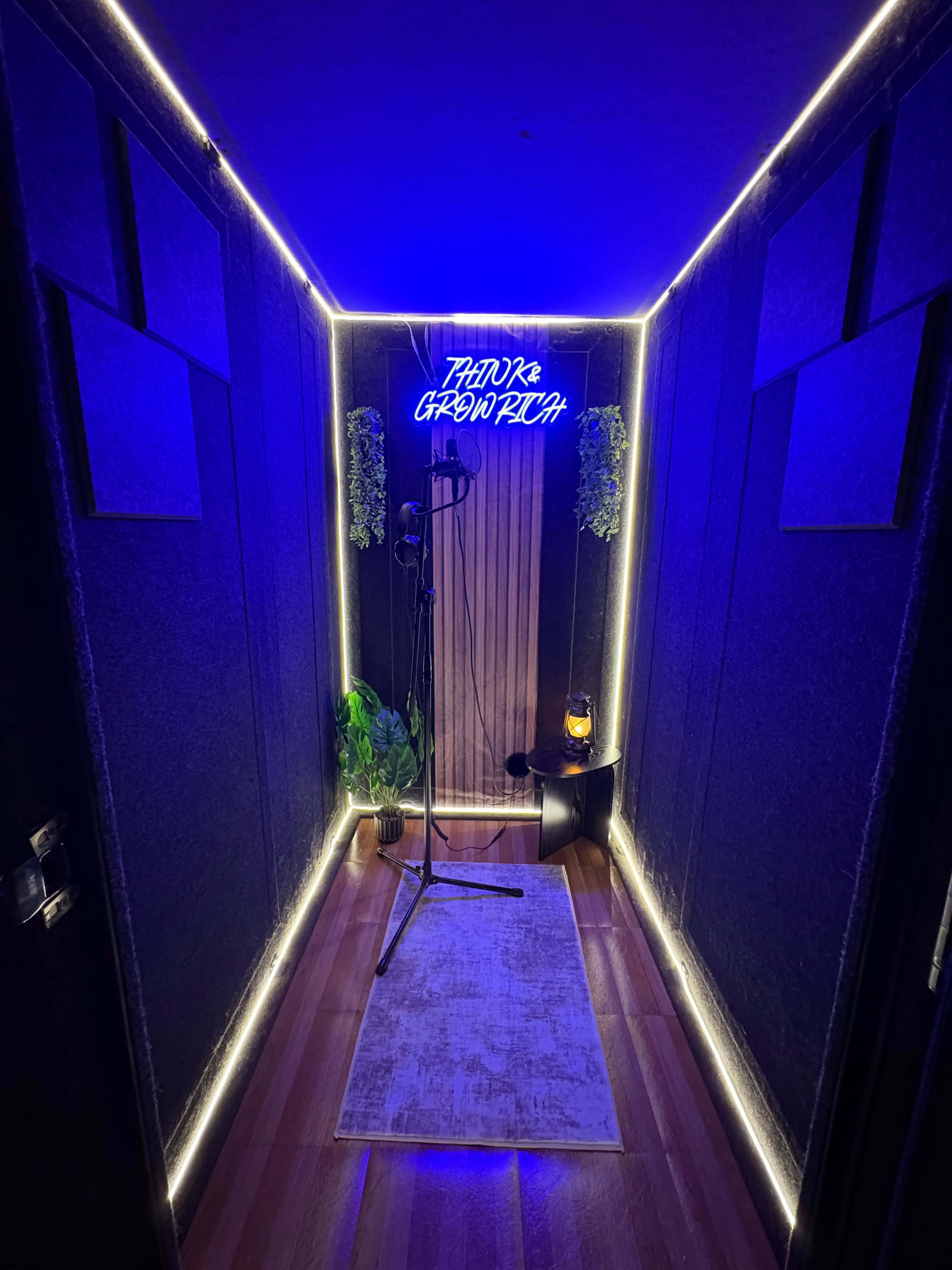 The image shows a soundproof recording booth with a microphone stand, decorative neon lighting, and plants.