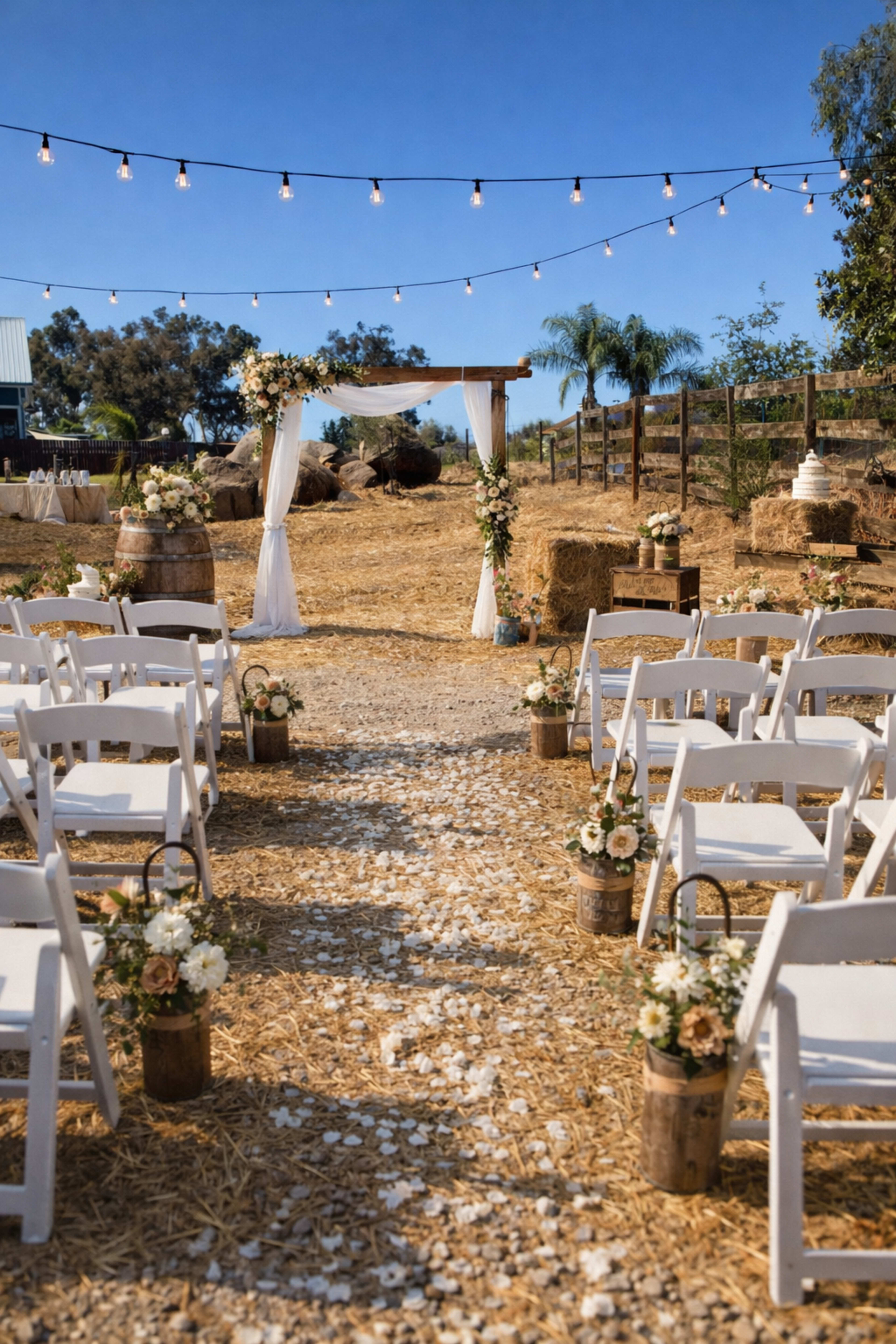 The image shows a rustic outdoor wedding ceremony setup with white chairs arranged in rows, an arch draped with fabric and flowers, and string lights overhead, all set against a backdrop of hay bales and a clear blue sky.
