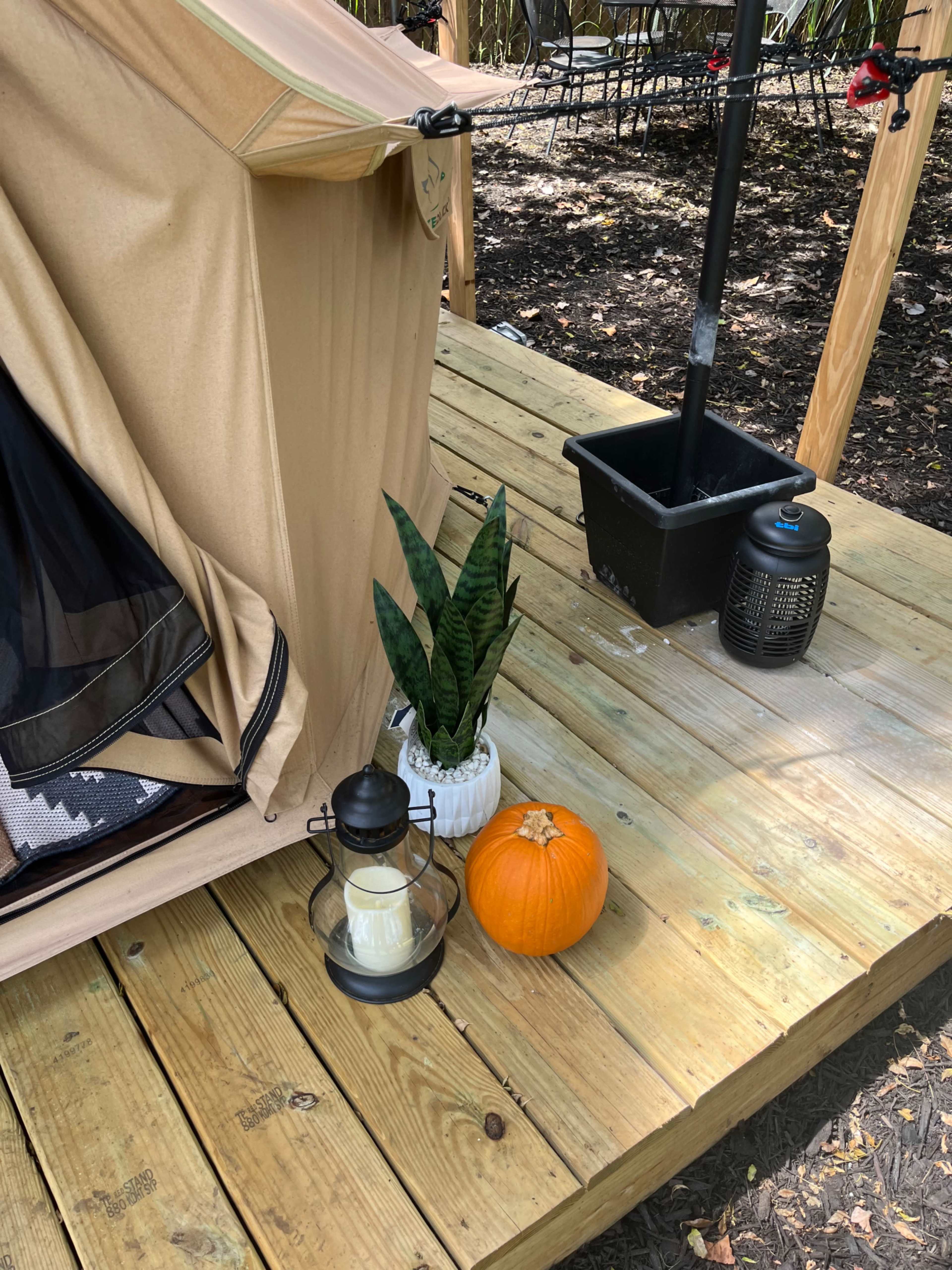 A tent is set up on a wooden deck, accompanied by a lantern with a candle, a potted plant, and a small pumpkin.