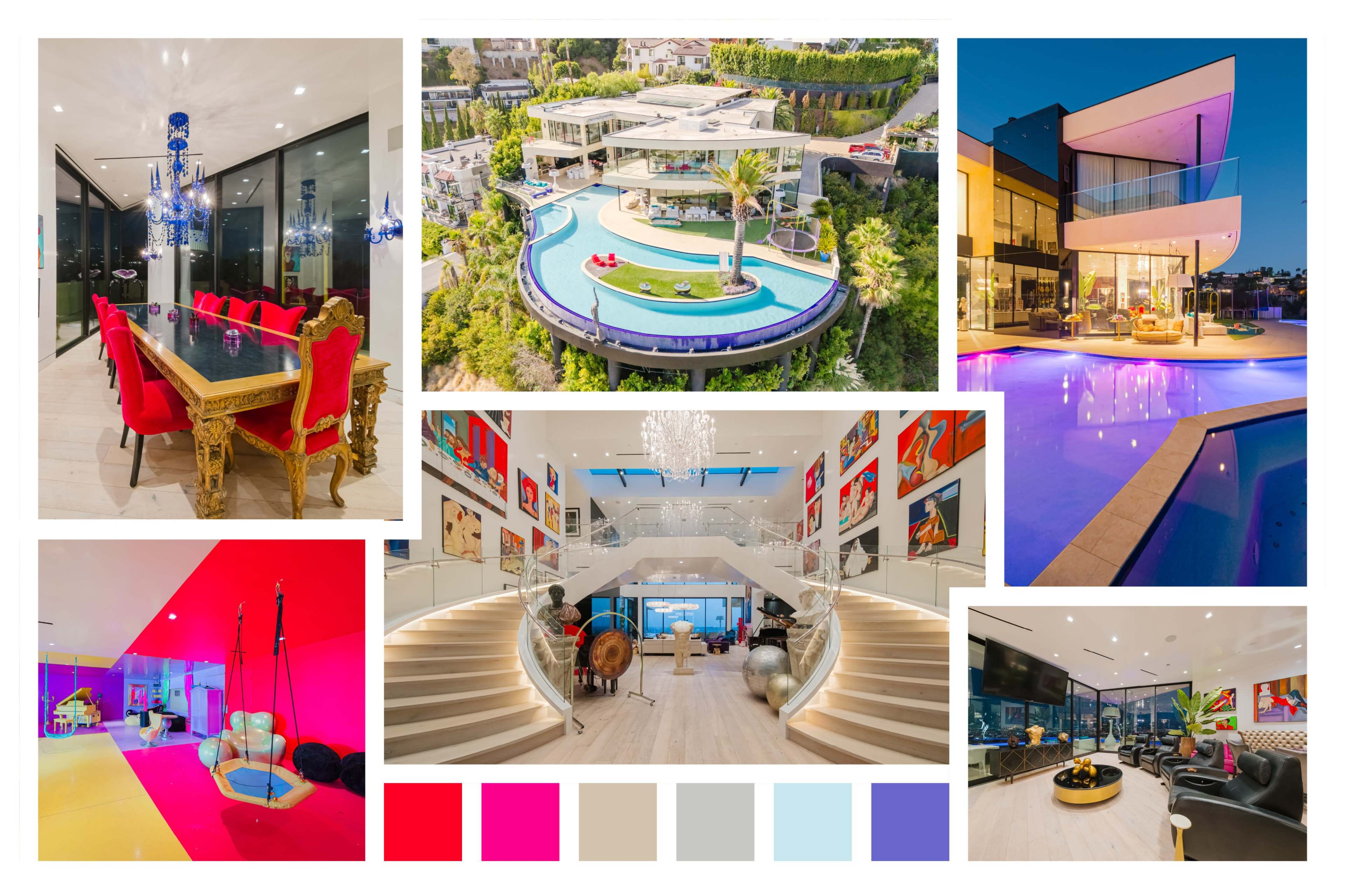 The image features a collection of luxurious interior and exterior views of a modern mansion, showcasing vibrant decor, a swimming pool, and stylish furniture.