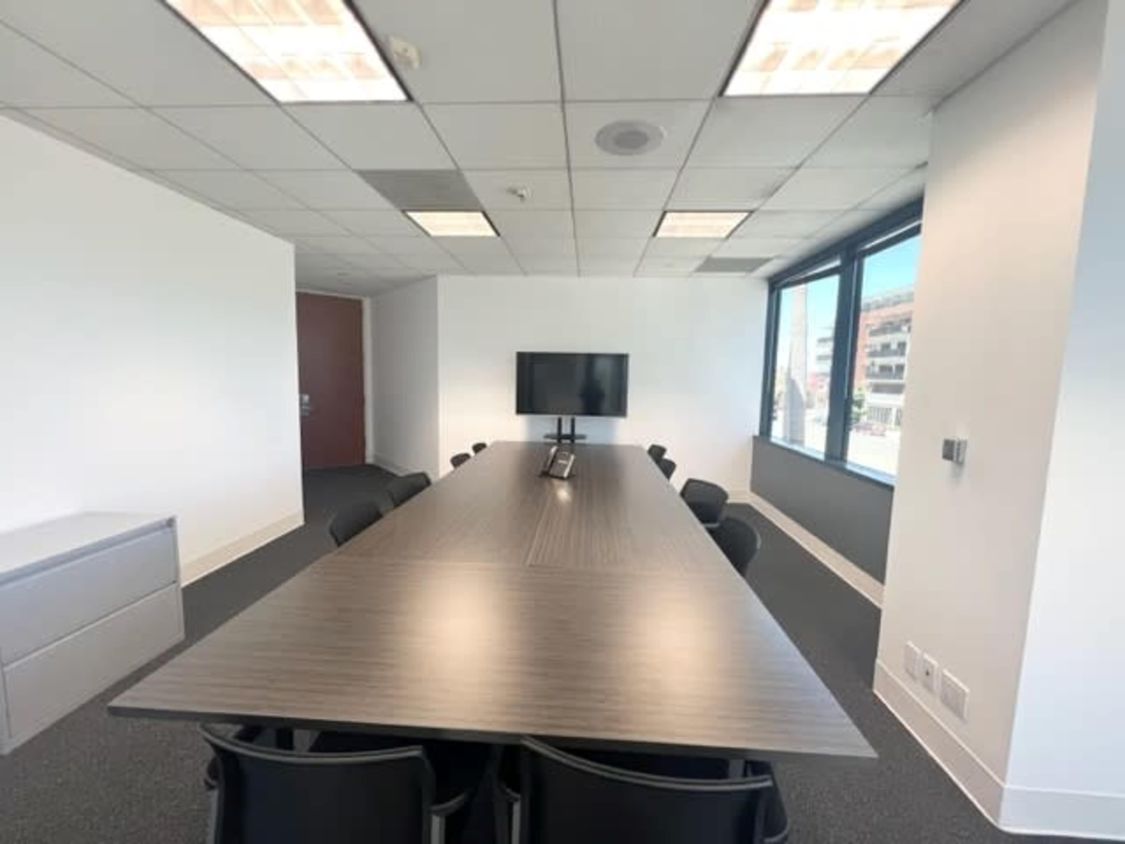 A modern conference room features a large rectangular table surrounded by black chairs, with a television mounted on the wall and windows providing natural light.
