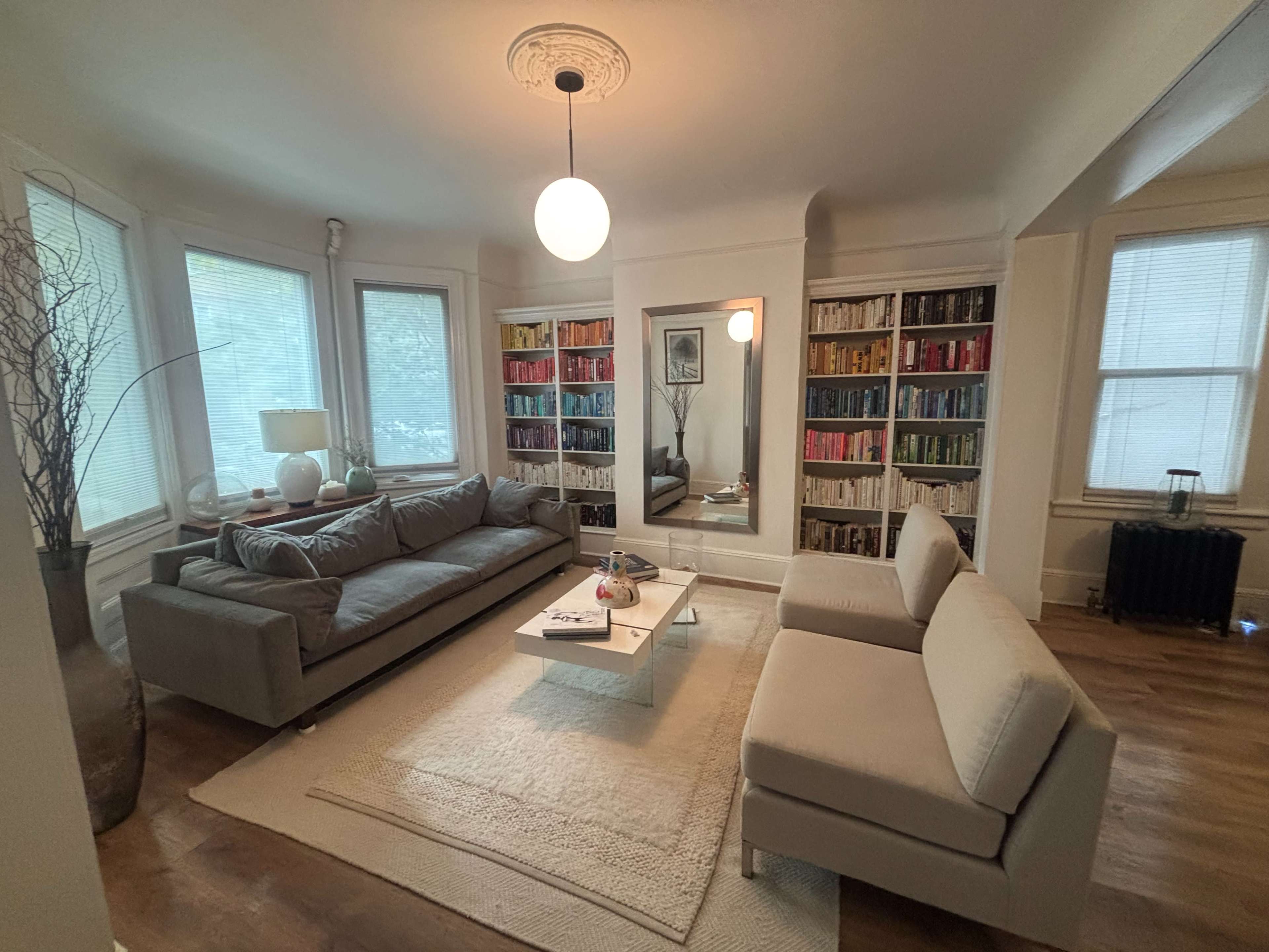 A cozy living room features a large gray sofa and a light-colored armchair, with walls lined by bookshelves filled with colorful books and a mirror reflecting the space.