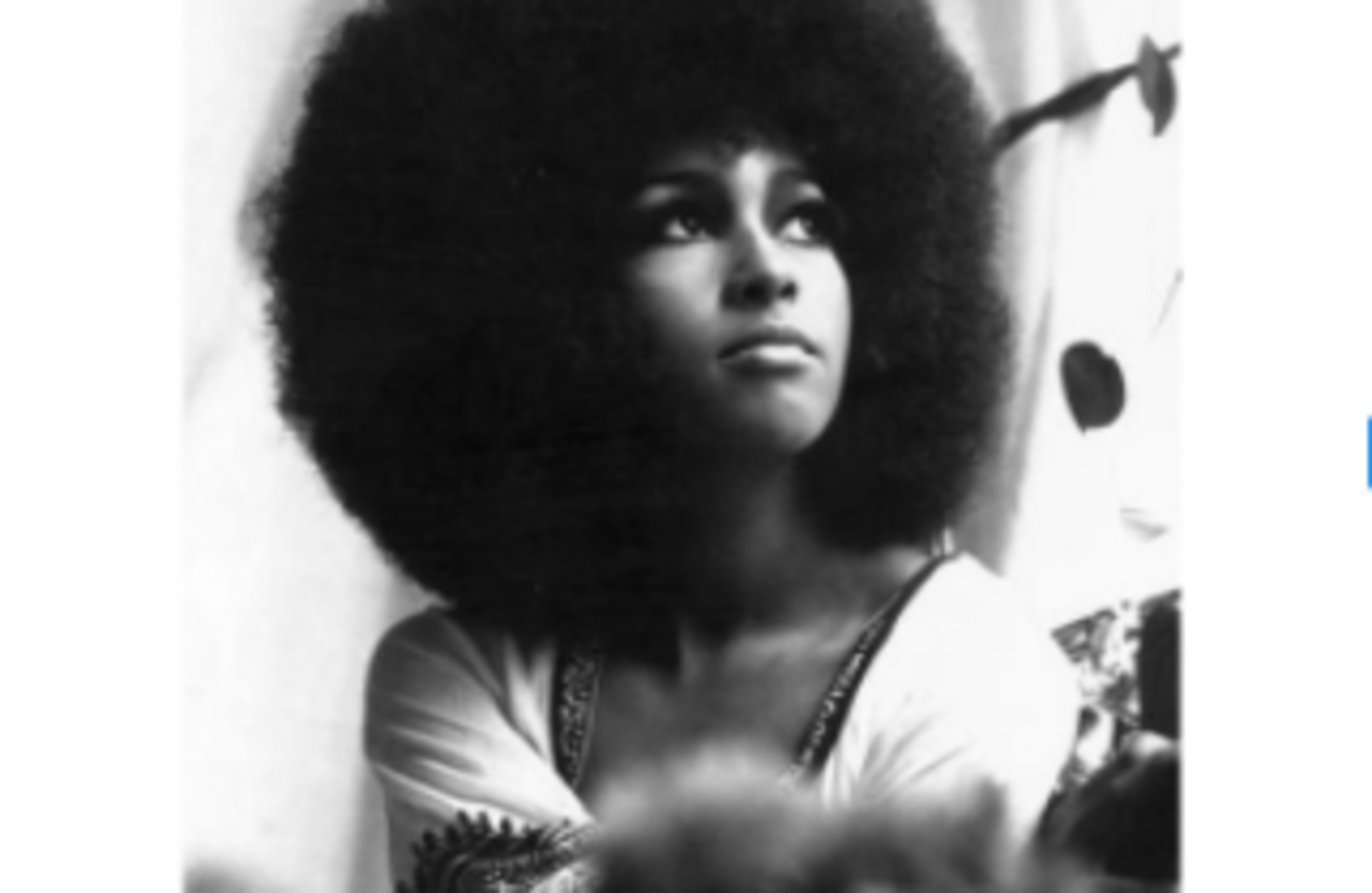 A woman with a large afro hairstyle poses while looking thoughtfully off to the side.