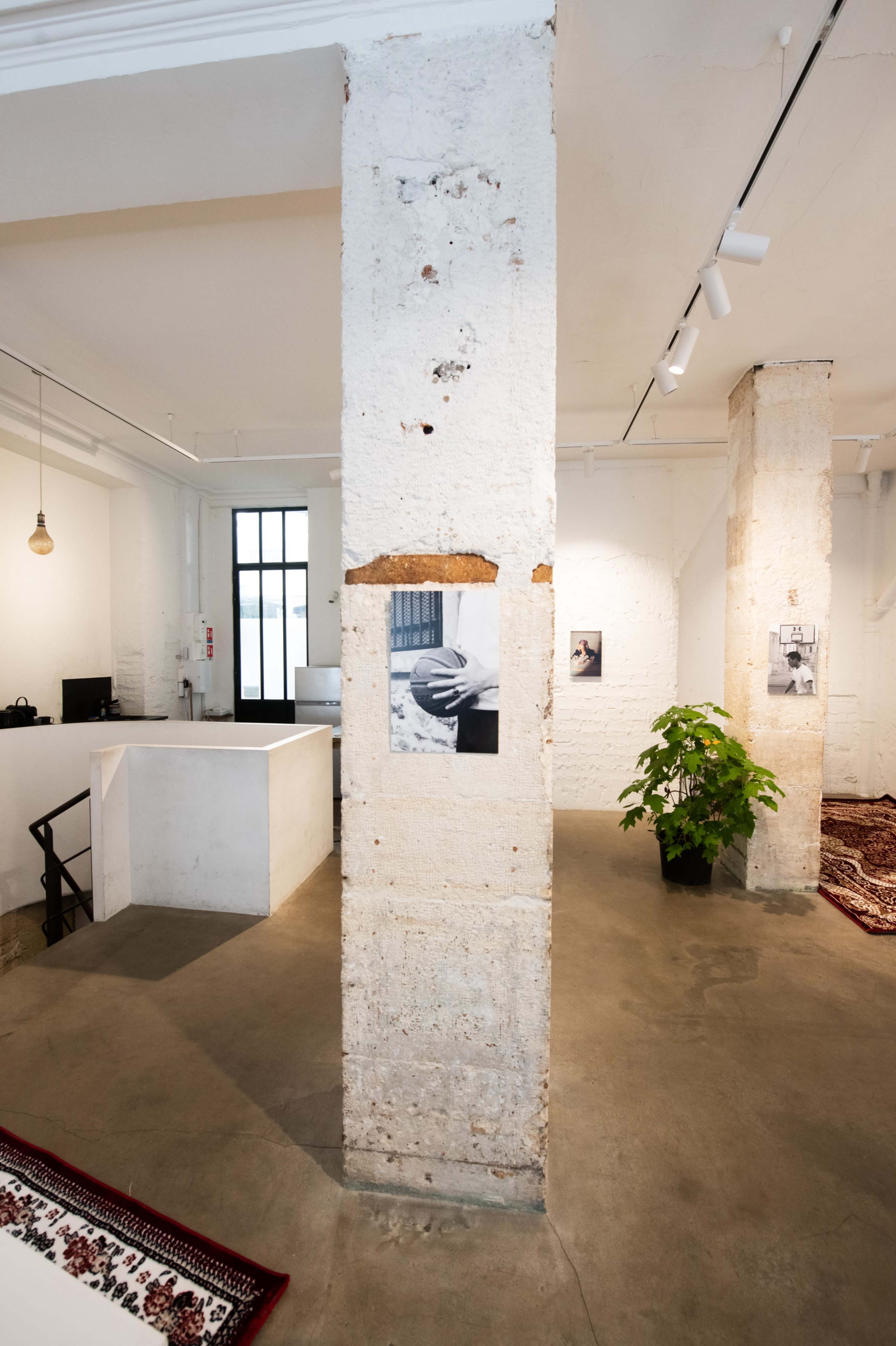 An art gallery features a concrete pillar with a black-and-white photograph attached, surrounded by minimalist decor and a potted plant.