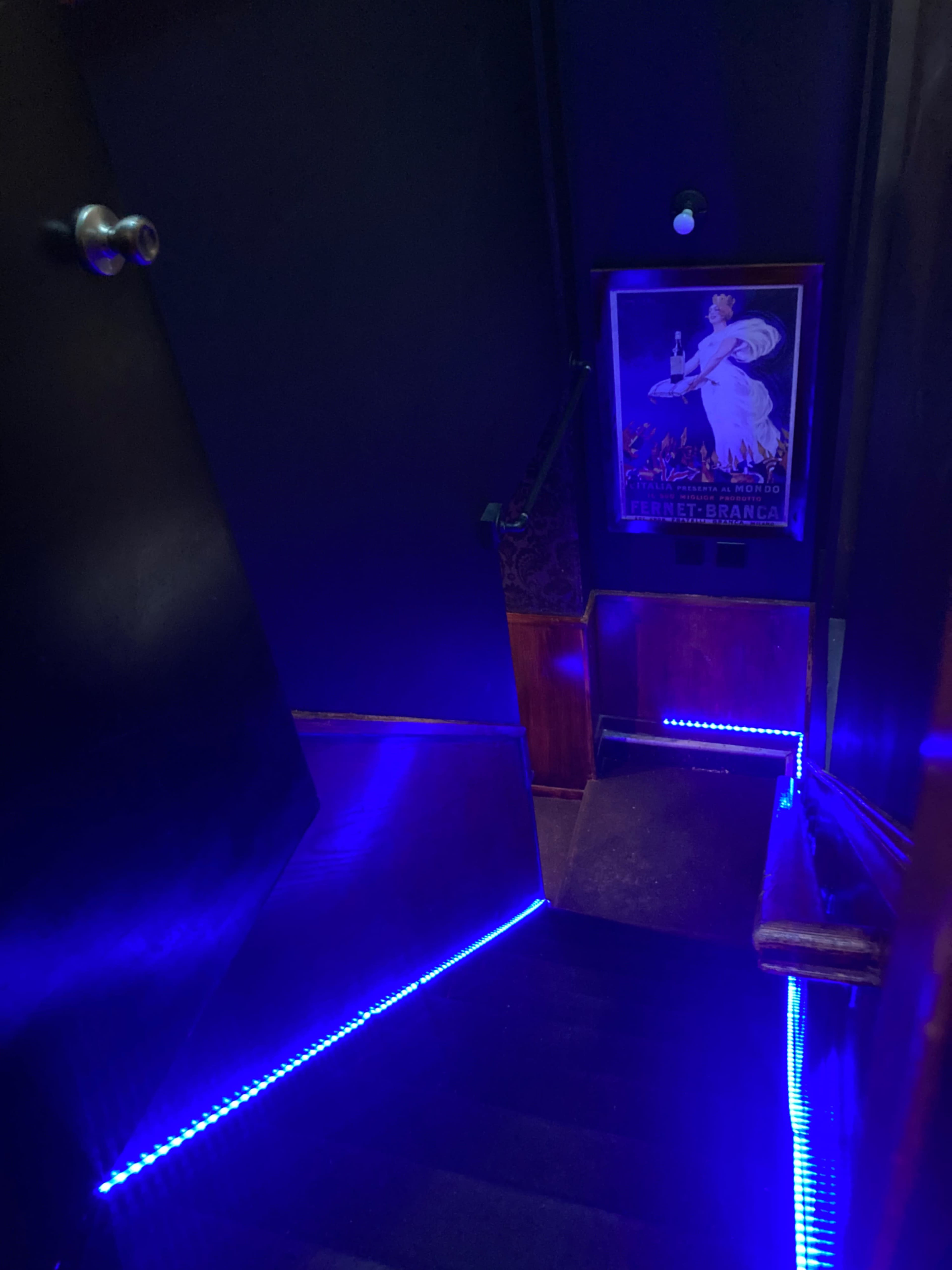 A dimly lit staircase descends with blue LED lights along the edge, leading to a framed poster on the wall near the bottom.