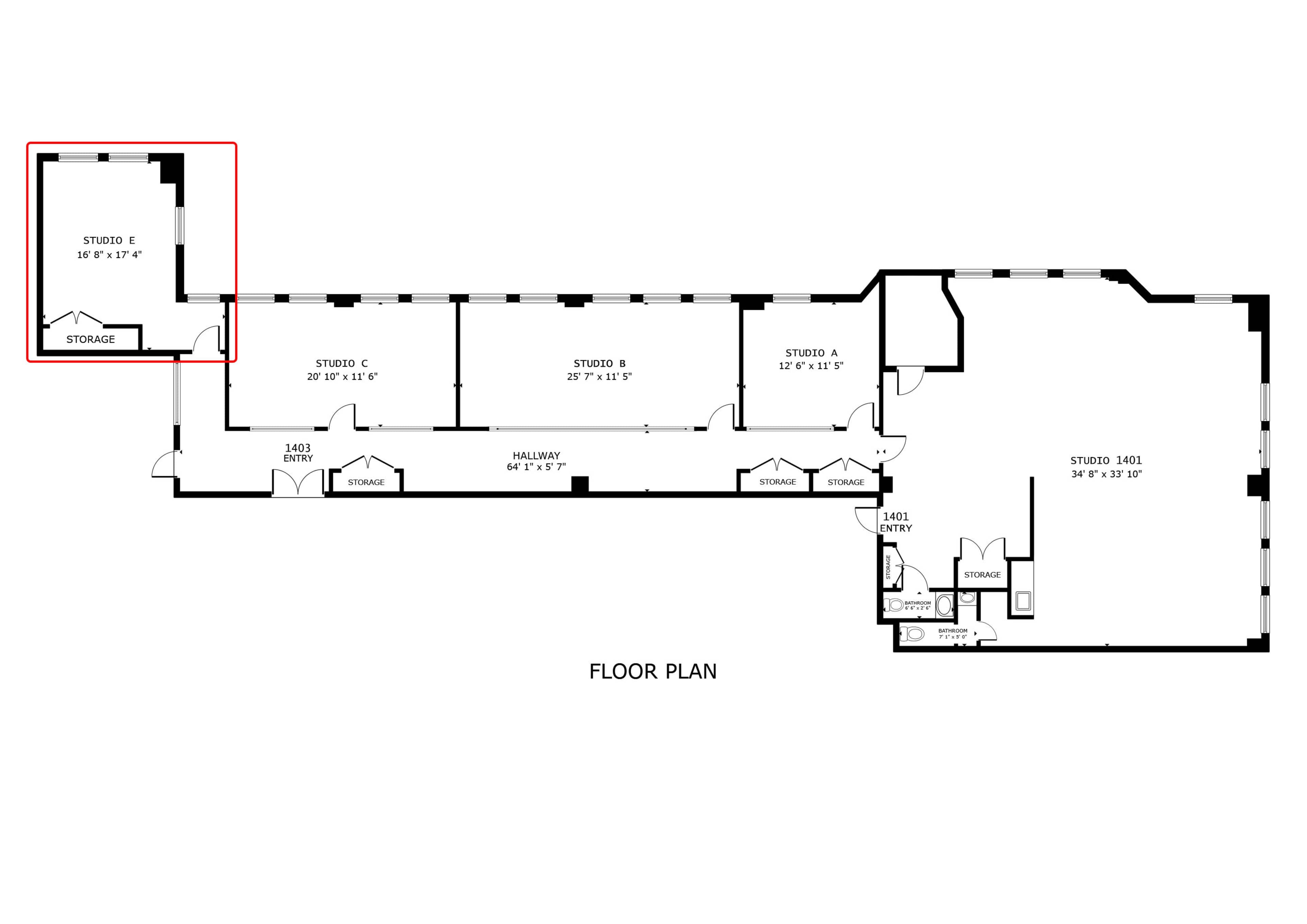 A detailed floor plan layout of a facility, featuring multiple studios and a storage area.