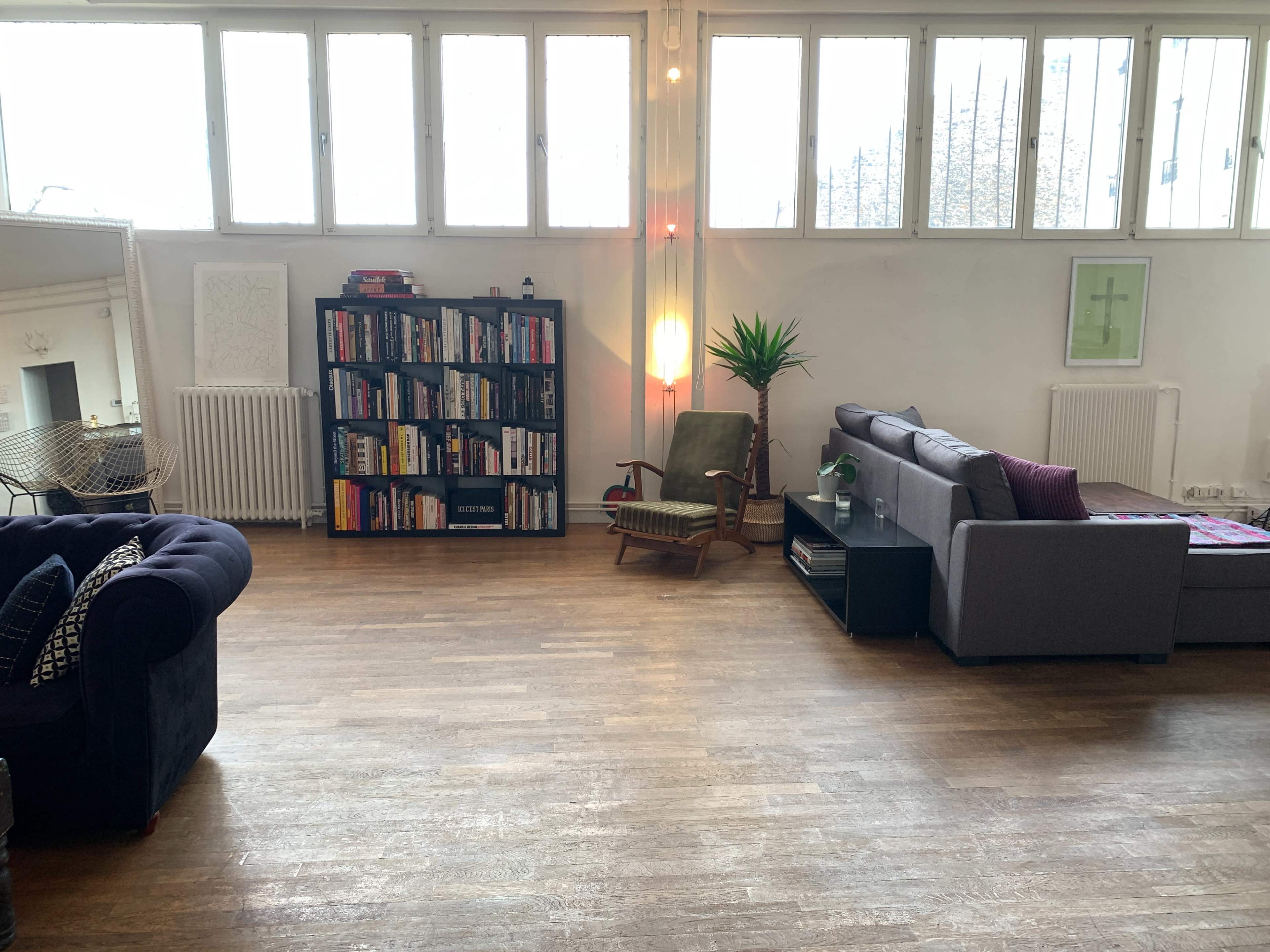The spacious room features a bookshelf filled with books, a green plant, and two distinct seating areas with a couch and an armchair against a backdrop of large windows.
